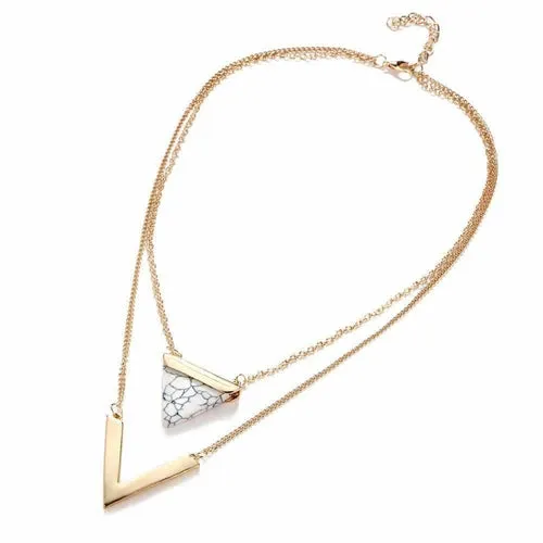 Double Layer Marble and Chevron Necklace - High-Quality Zinc Alloy and Stone