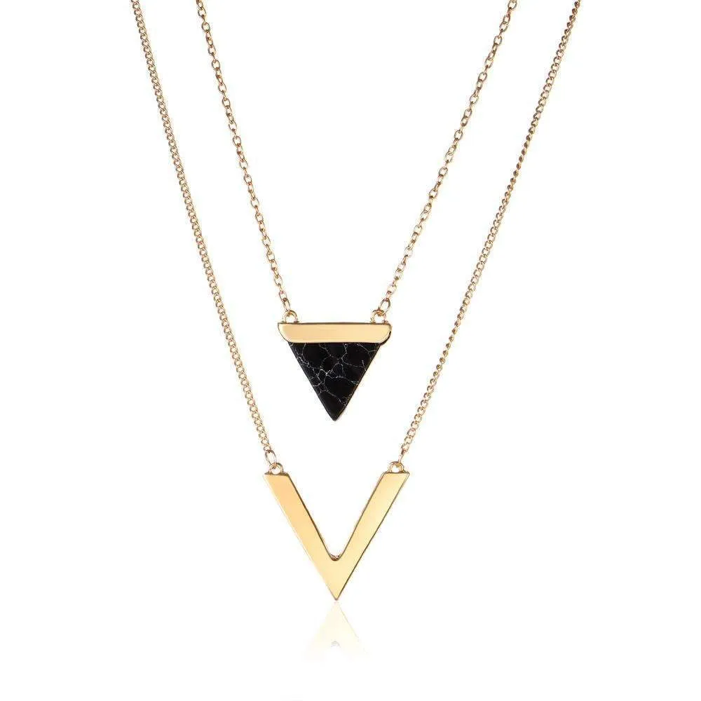 Double Layer Marble and Chevron Necklace - High-Quality Zinc Alloy and Stone