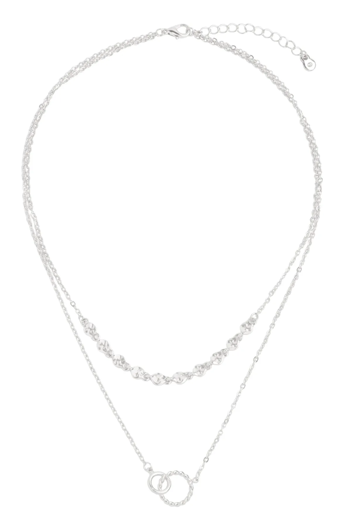 DOUBLE RING TWISTED PENDANT MULTI CHAIN LAYERED BRASS NECKLACE AND EARRING SET