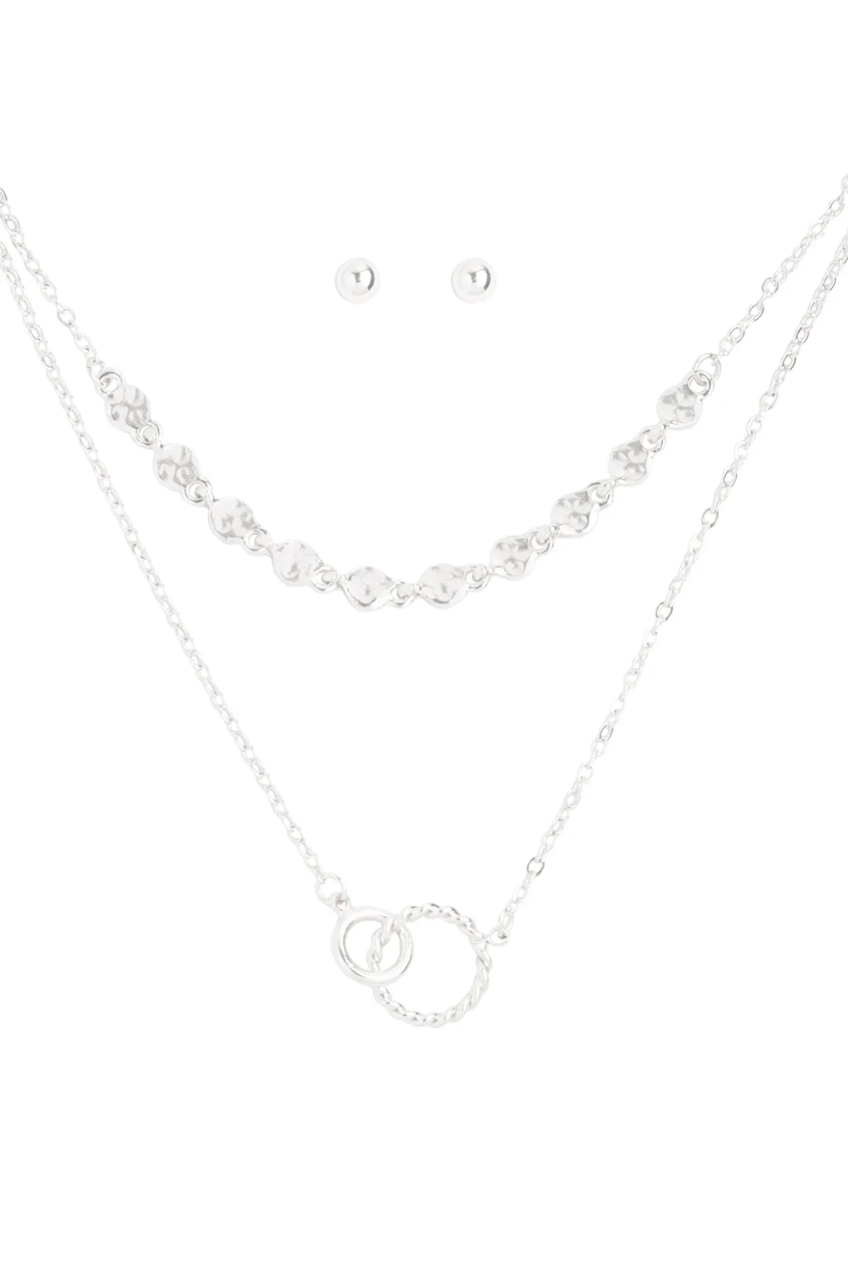 DOUBLE RING TWISTED PENDANT MULTI CHAIN LAYERED BRASS NECKLACE AND EARRING SET