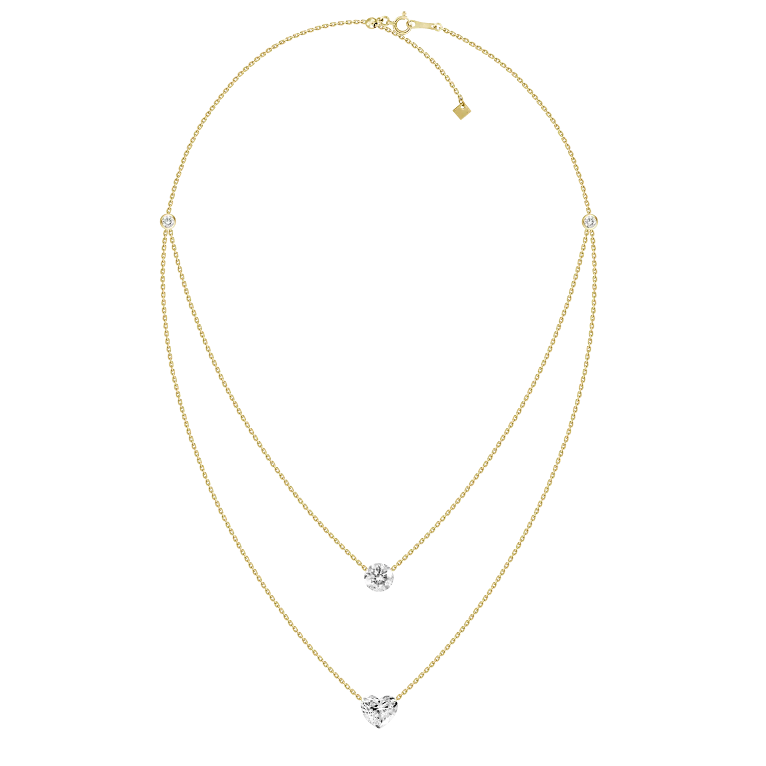 Double Row Multishape Solitaires (  Heart) Diamond Layered Necklace
