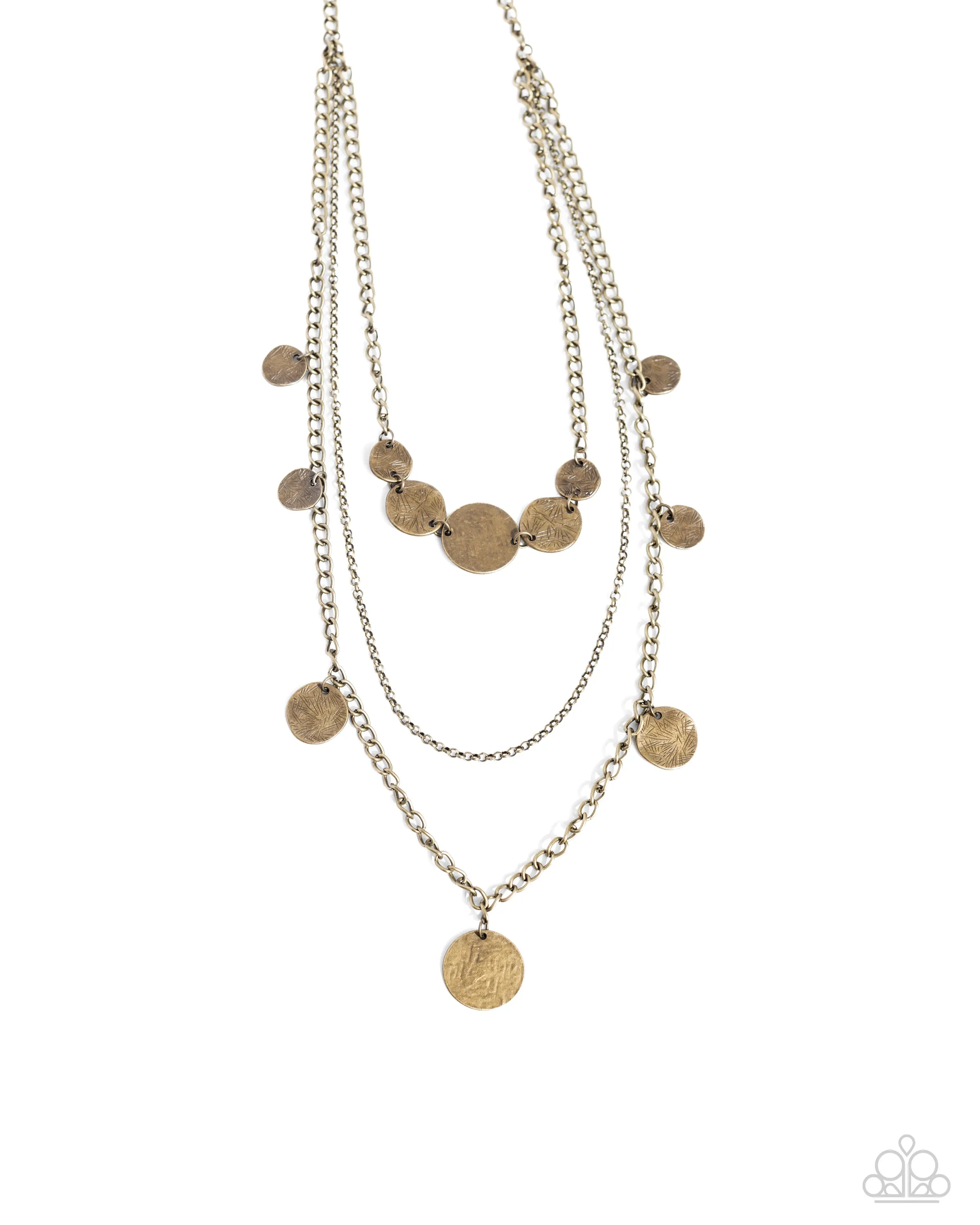 Dynasty Dance - Brass - Textured Disc Tiered Paparazzi Long Necklace