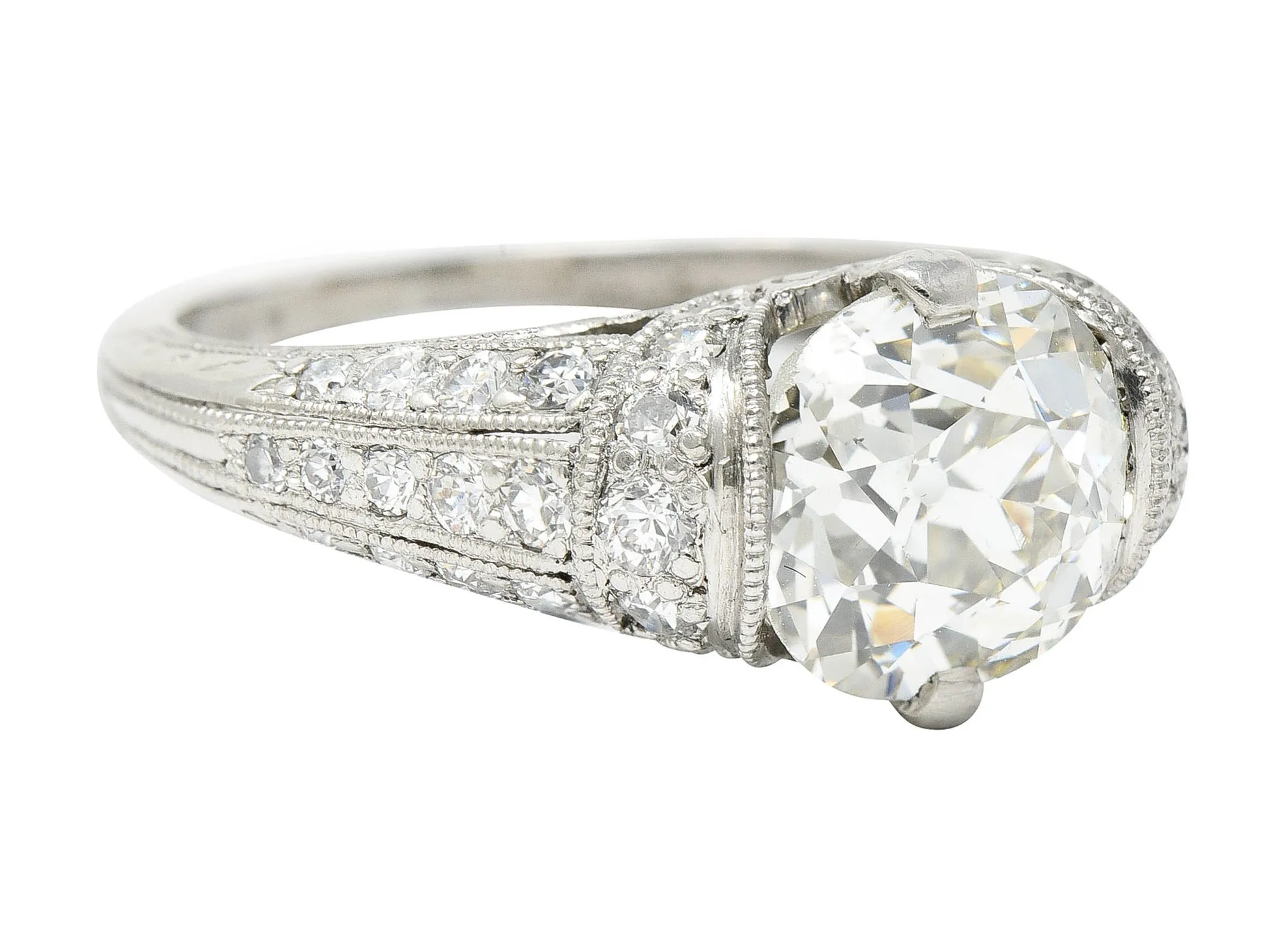Edwardian 3.00 CTW Old Mine Cut Diamond Platinum Scrolled Feather Antique Engagement Ring