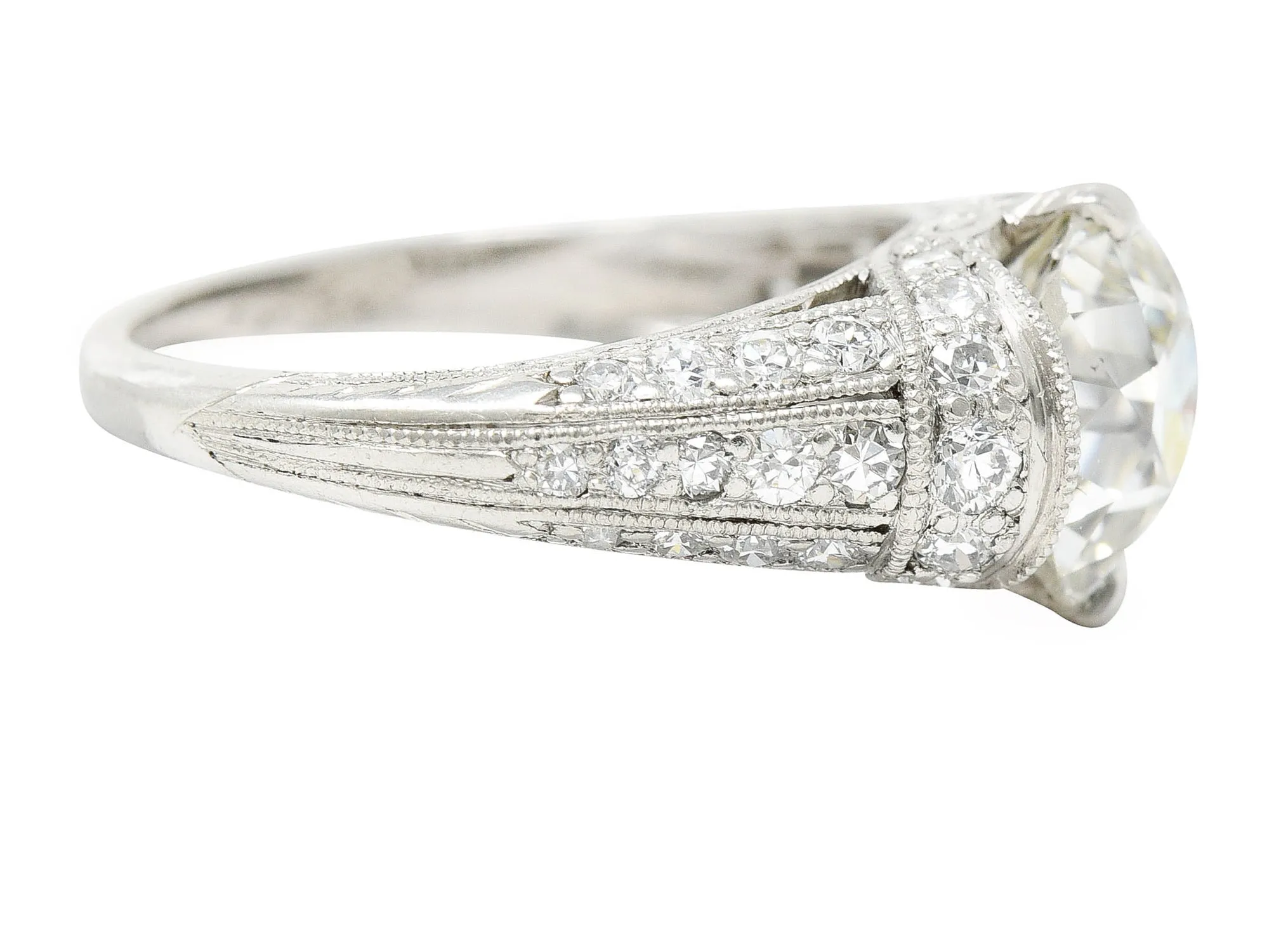 Edwardian 3.00 CTW Old Mine Cut Diamond Platinum Scrolled Feather Antique Engagement Ring