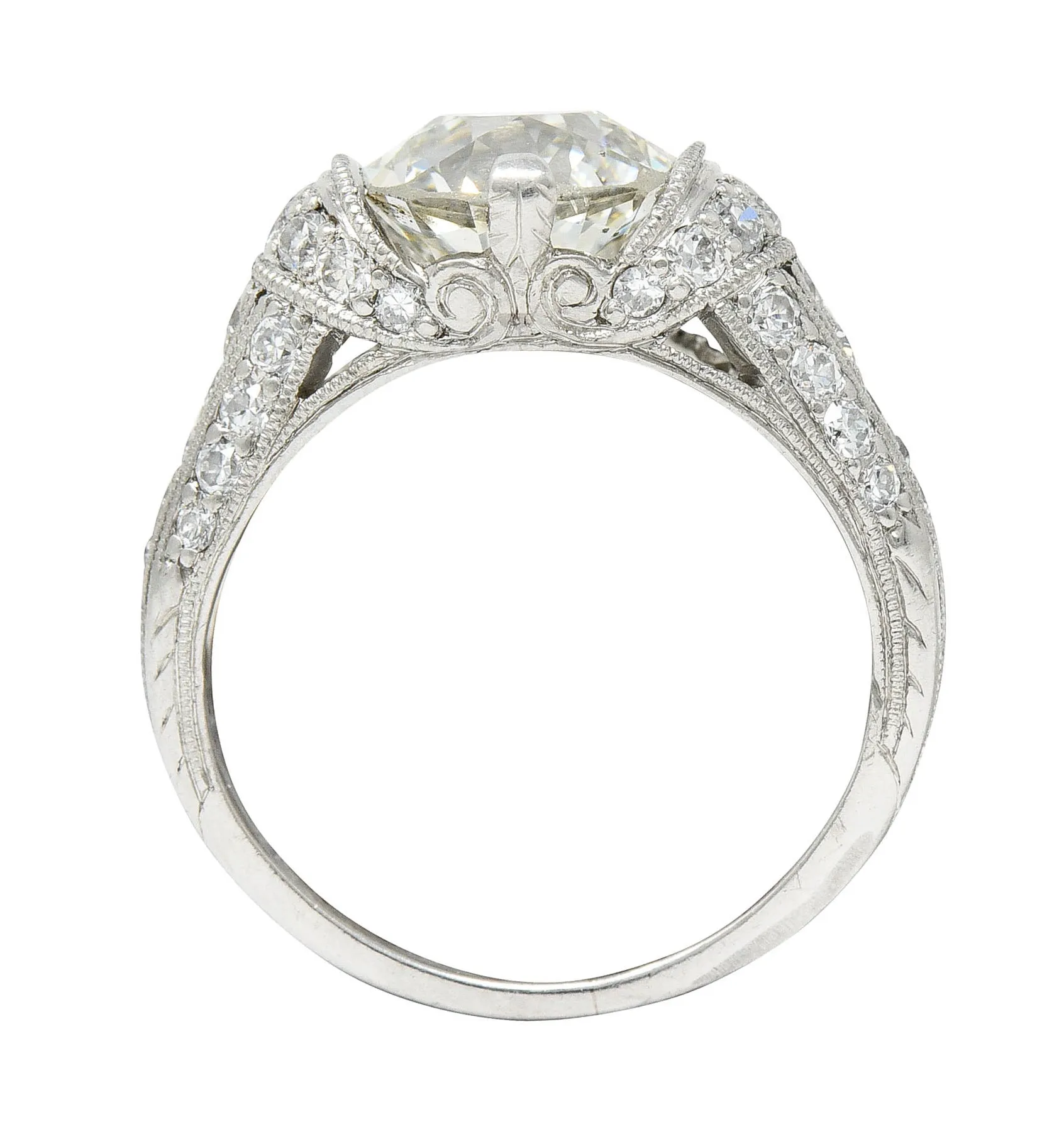 Edwardian 3.00 CTW Old Mine Cut Diamond Platinum Scrolled Feather Antique Engagement Ring
