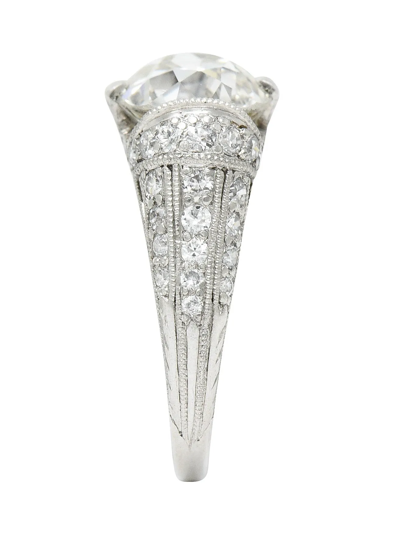 Edwardian 3.00 CTW Old Mine Cut Diamond Platinum Scrolled Feather Antique Engagement Ring