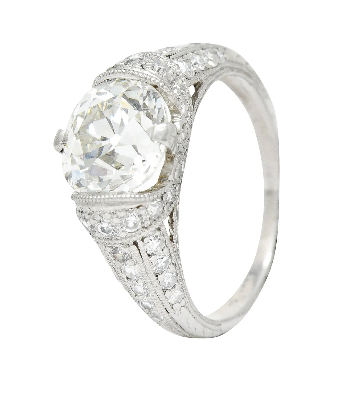 Edwardian 3.00 CTW Old Mine Cut Diamond Platinum Scrolled Feather Antique Engagement Ring