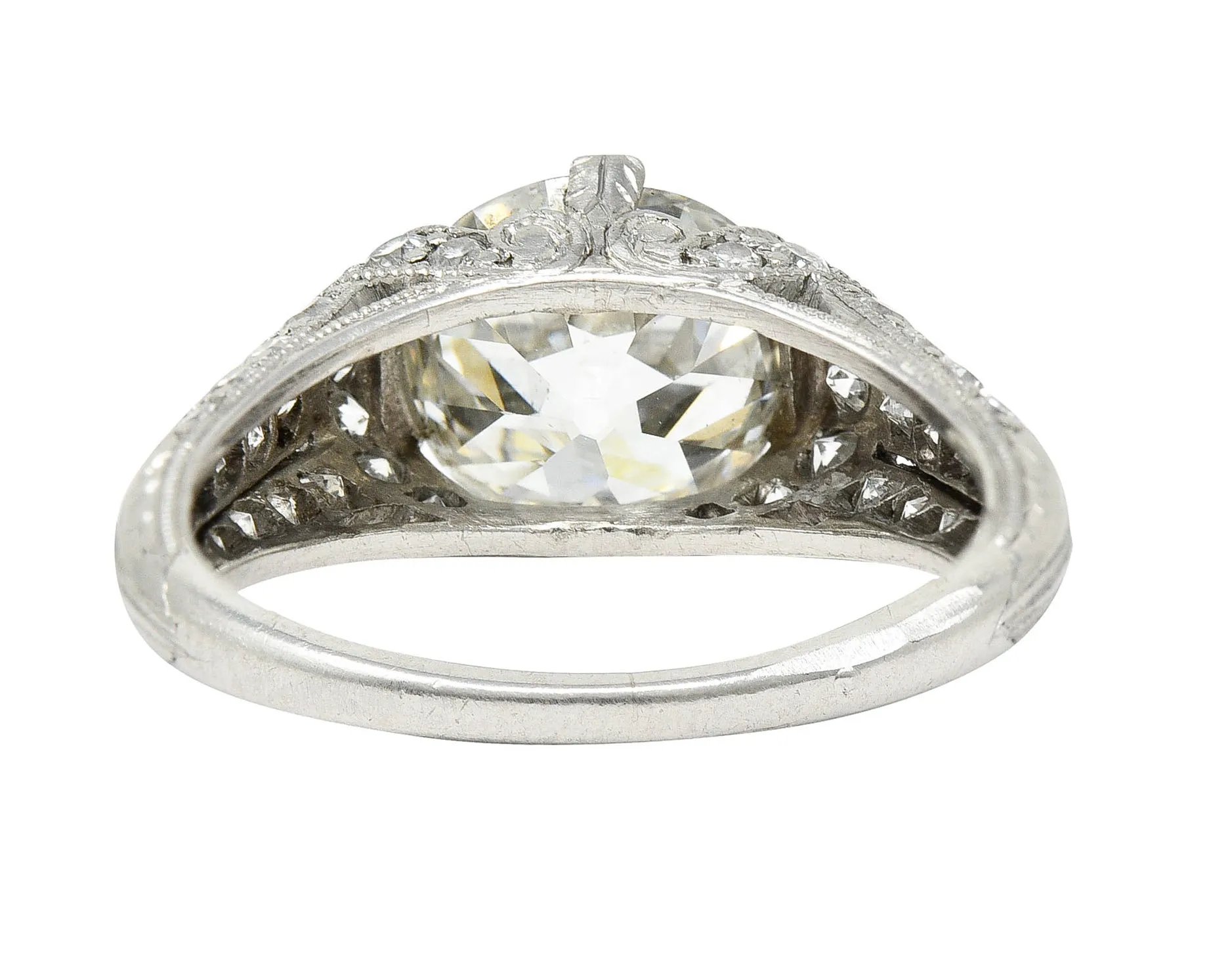 Edwardian 3.00 CTW Old Mine Cut Diamond Platinum Scrolled Feather Antique Engagement Ring