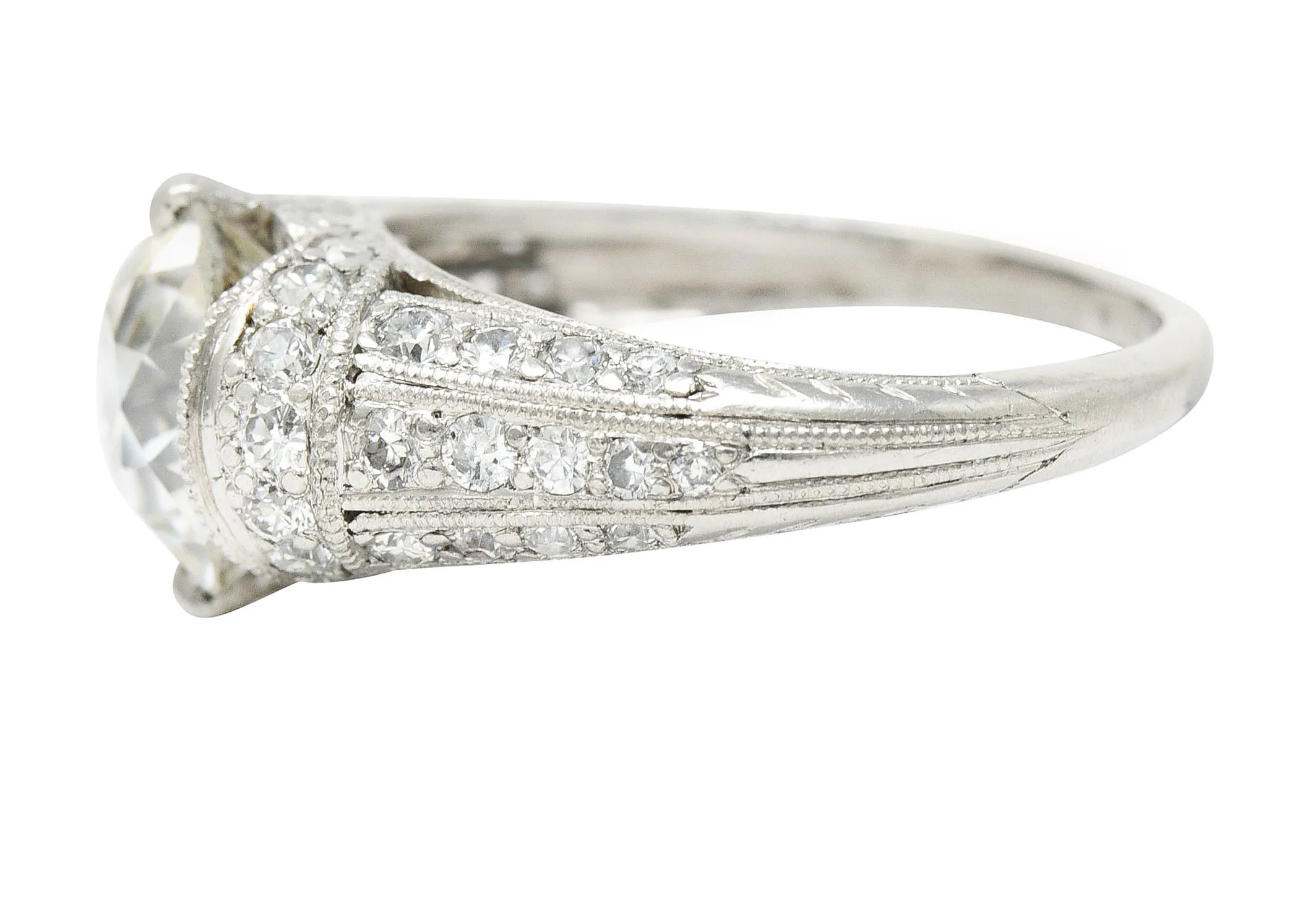 Edwardian 3.00 CTW Old Mine Cut Diamond Platinum Scrolled Feather Antique Engagement Ring