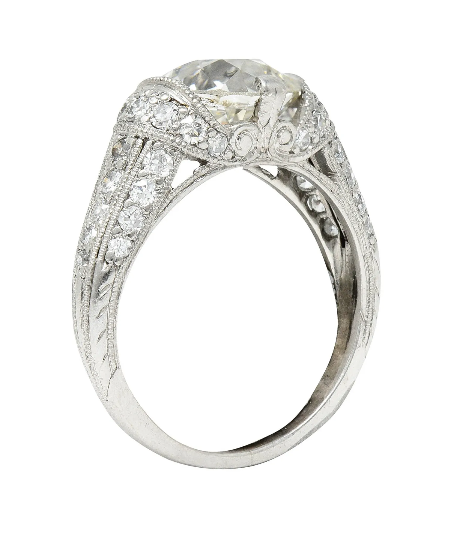Edwardian 3.00 CTW Old Mine Cut Diamond Platinum Scrolled Feather Antique Engagement Ring