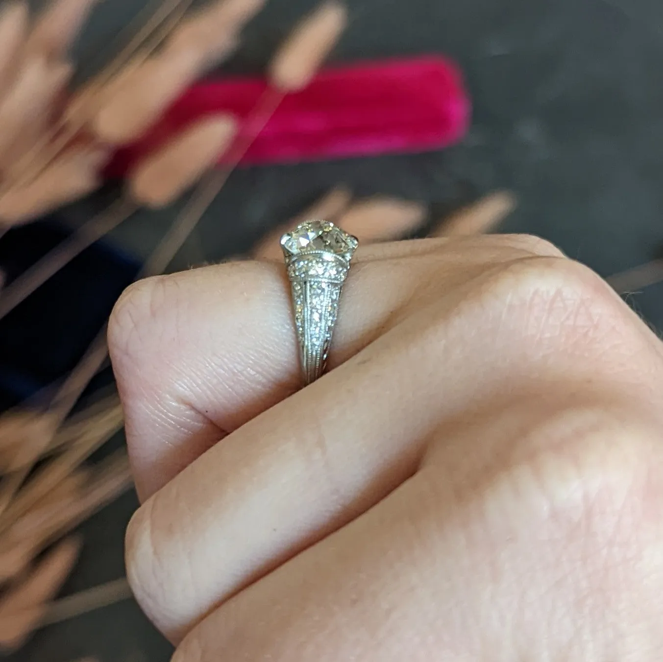 Edwardian 3.00 CTW Old Mine Cut Diamond Platinum Scrolled Feather Antique Engagement Ring