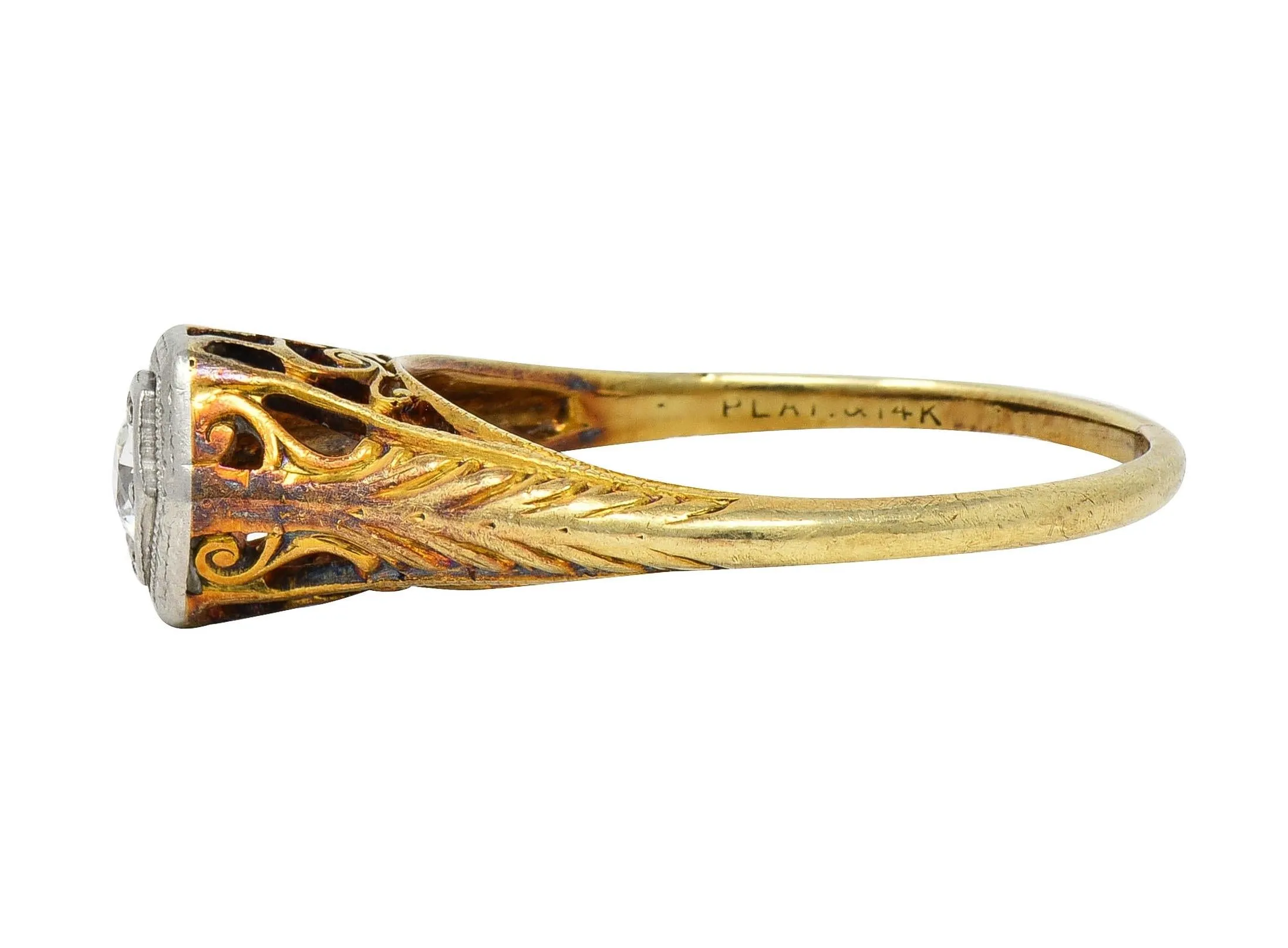 Edwardian Old European Diamond Platinum 14 Karat Gold Antique Feather Engagement Ring