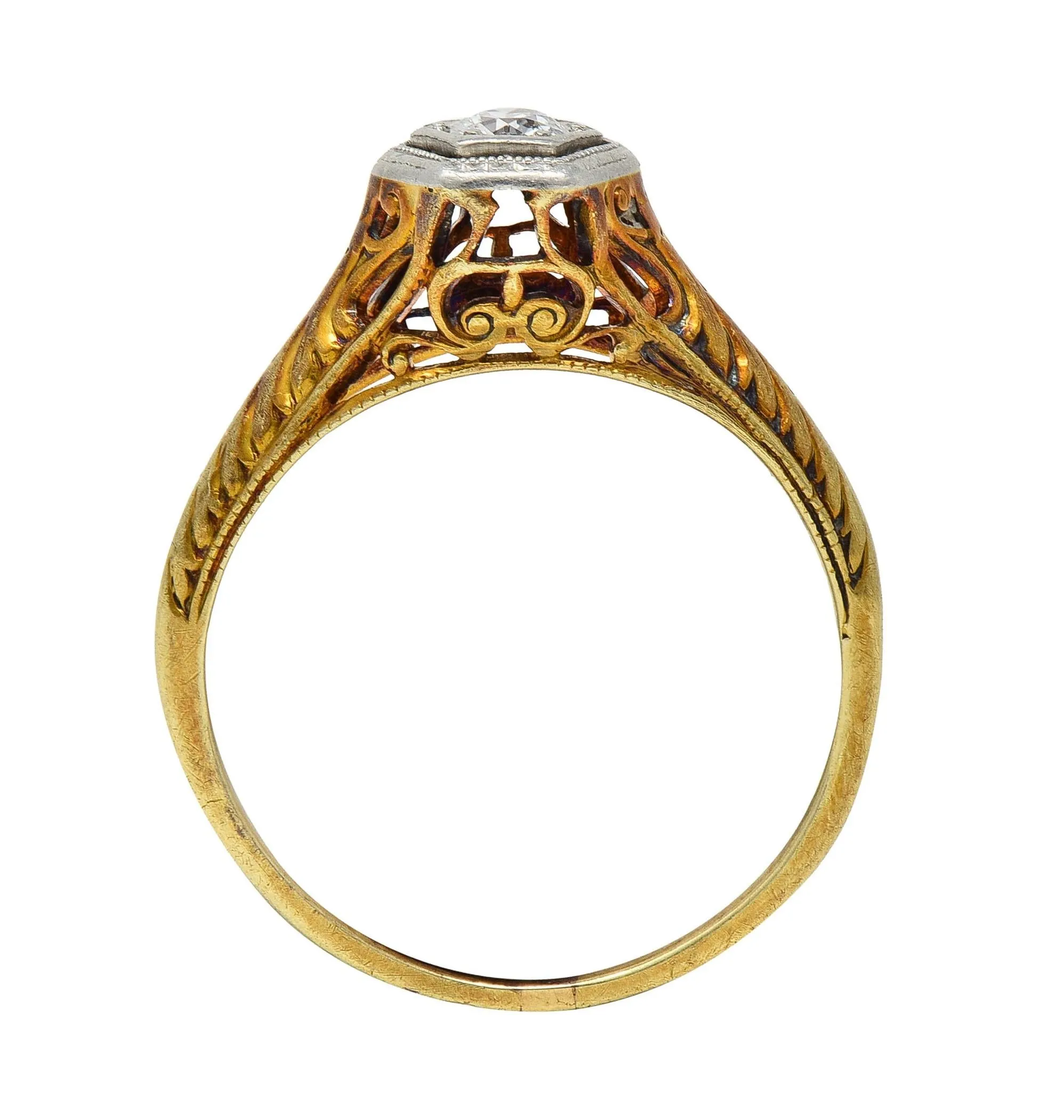 Edwardian Old European Diamond Platinum 14 Karat Gold Antique Feather Engagement Ring