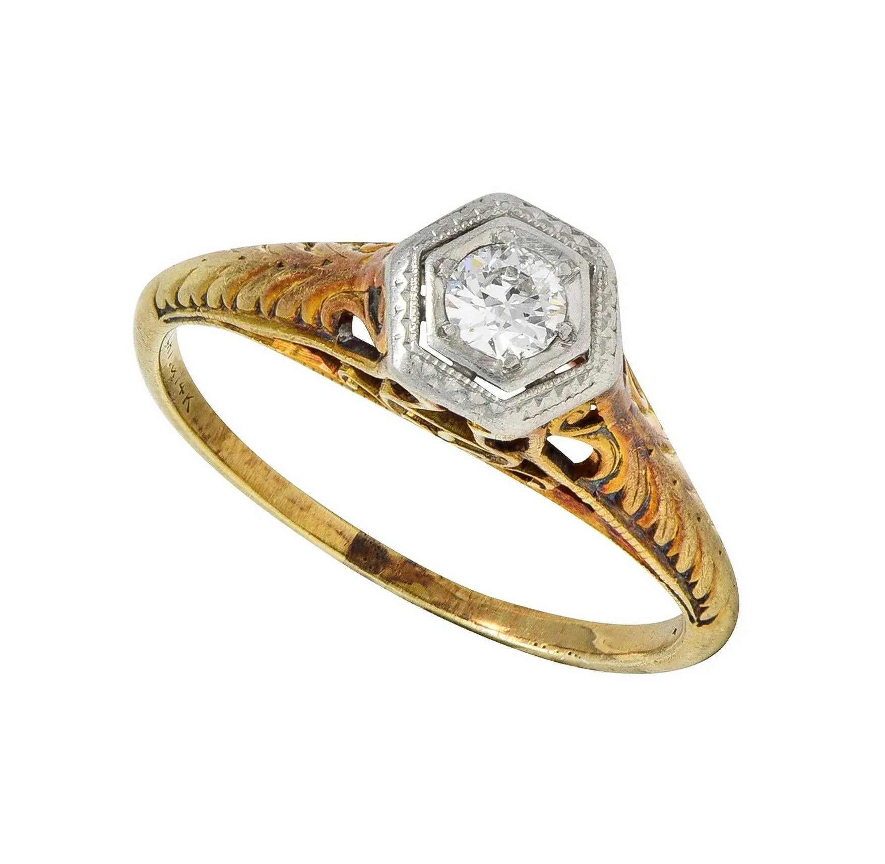 Edwardian Old European Diamond Platinum 14 Karat Gold Antique Feather Engagement Ring