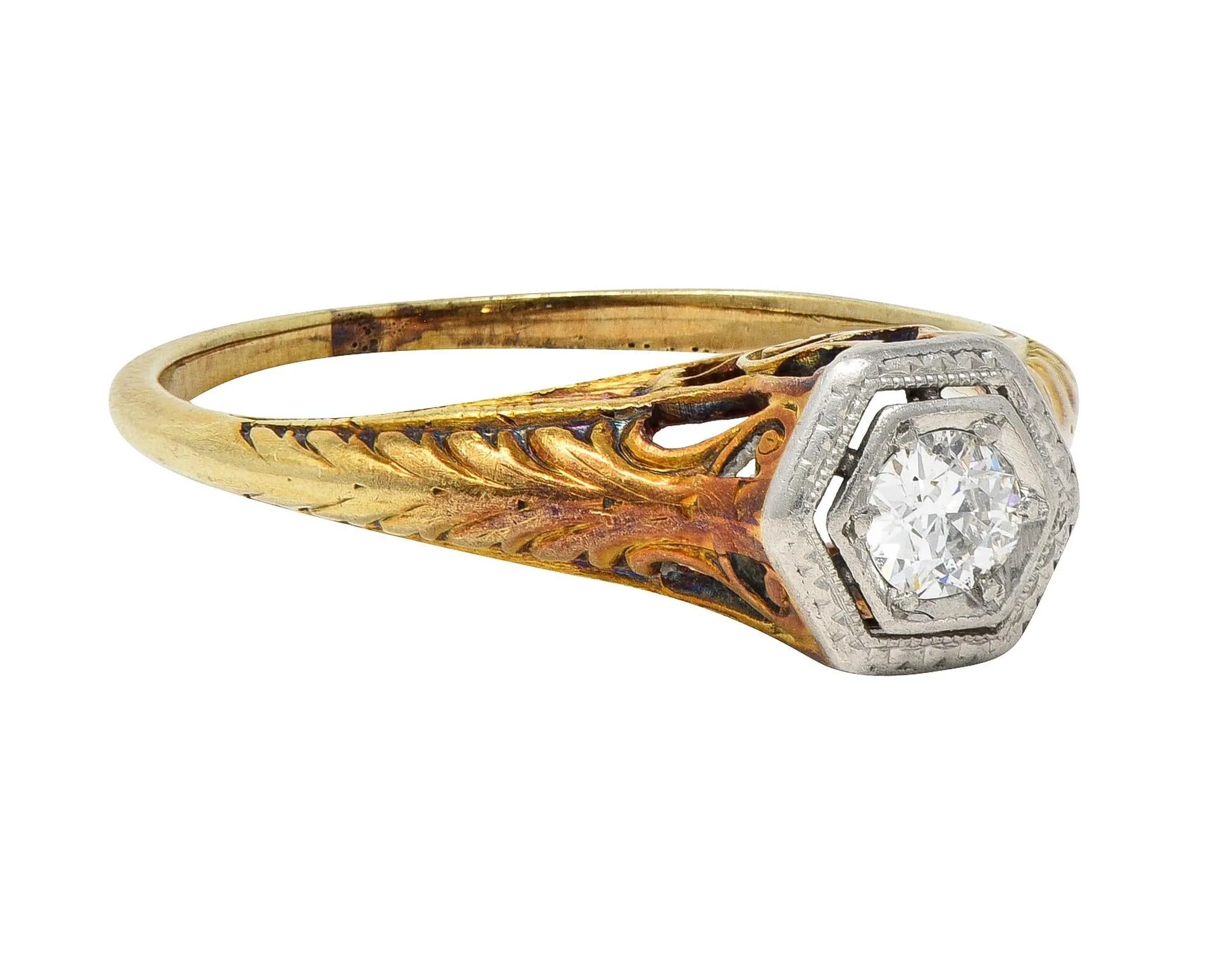 Edwardian Old European Diamond Platinum 14 Karat Gold Antique Feather Engagement Ring