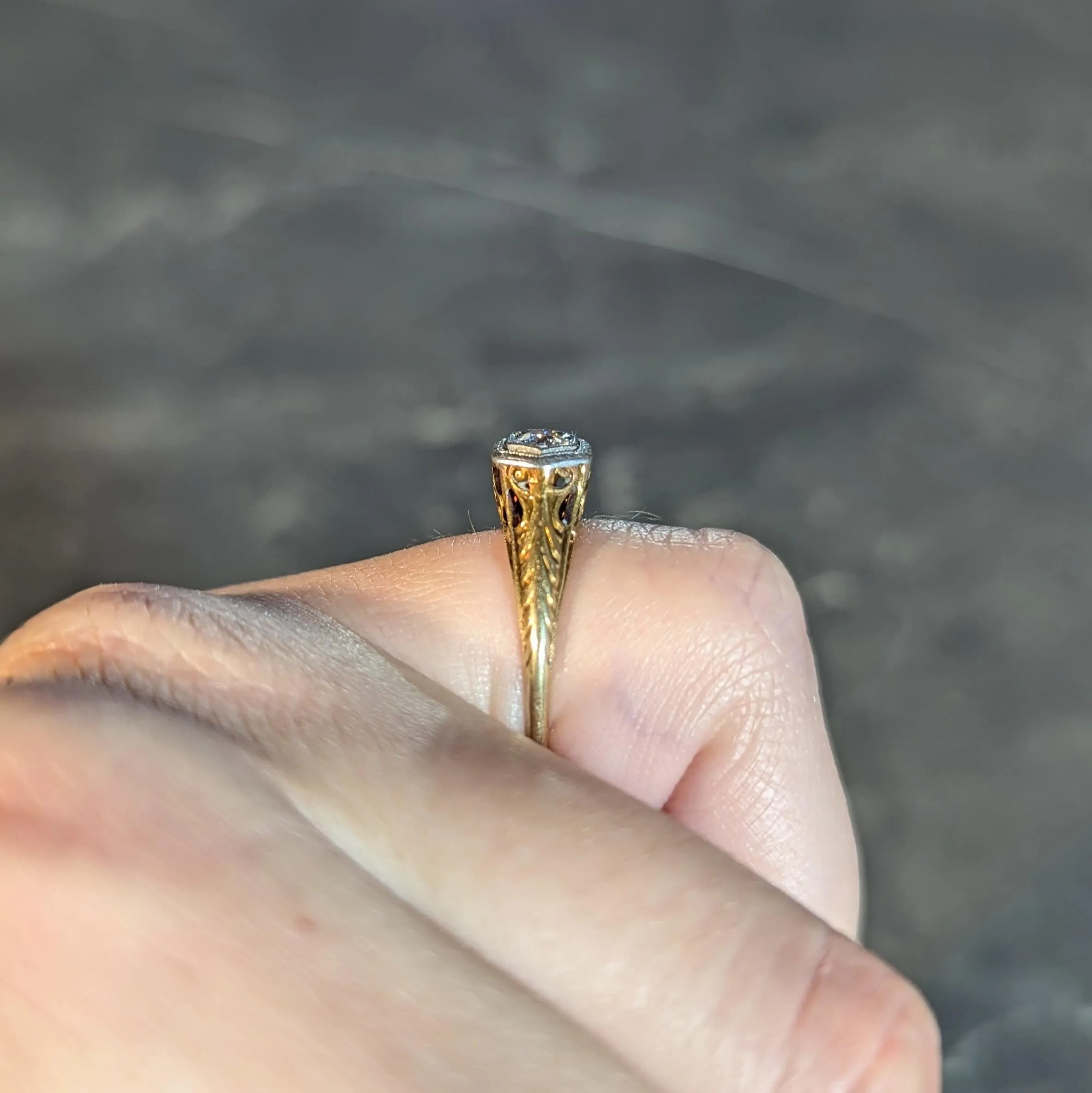 Edwardian Old European Diamond Platinum 14 Karat Gold Antique Feather Engagement Ring