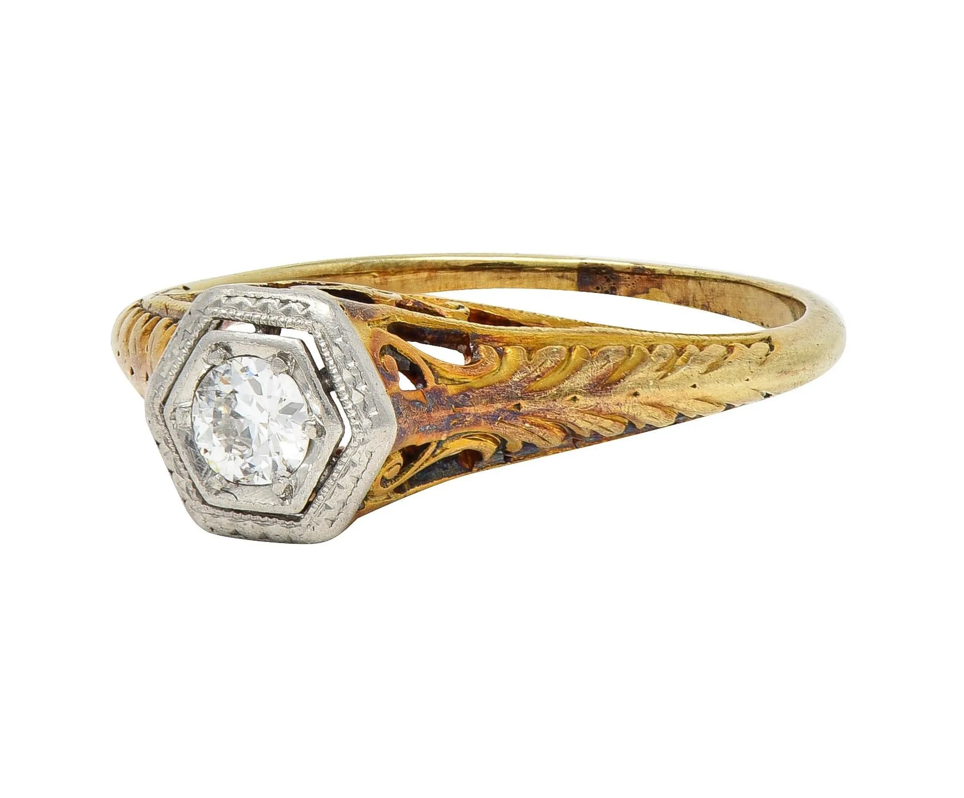 Edwardian Old European Diamond Platinum 14 Karat Gold Antique Feather Engagement Ring