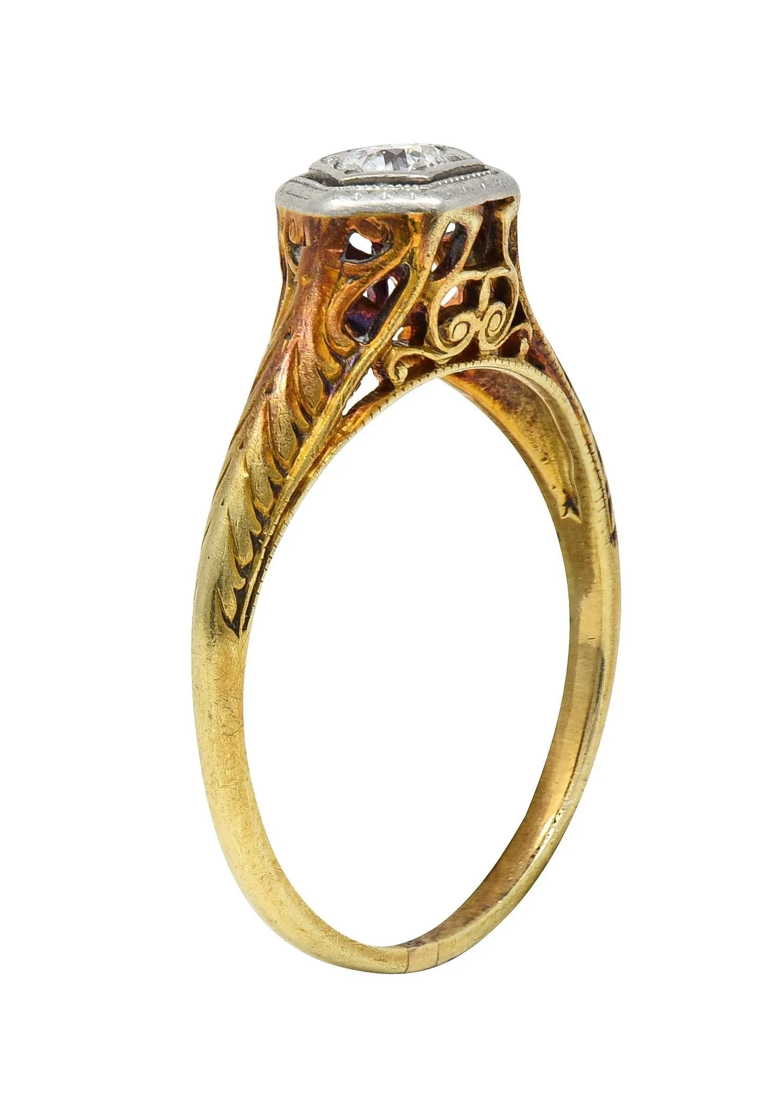 Edwardian Old European Diamond Platinum 14 Karat Gold Antique Feather Engagement Ring