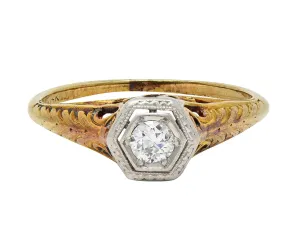 Edwardian Old European Diamond Platinum 14 Karat Gold Antique Feather Engagement Ring