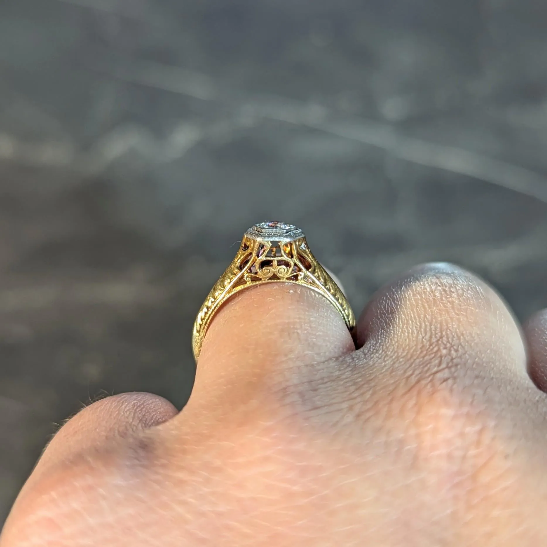 Edwardian Old European Diamond Platinum 14 Karat Gold Antique Feather Engagement Ring