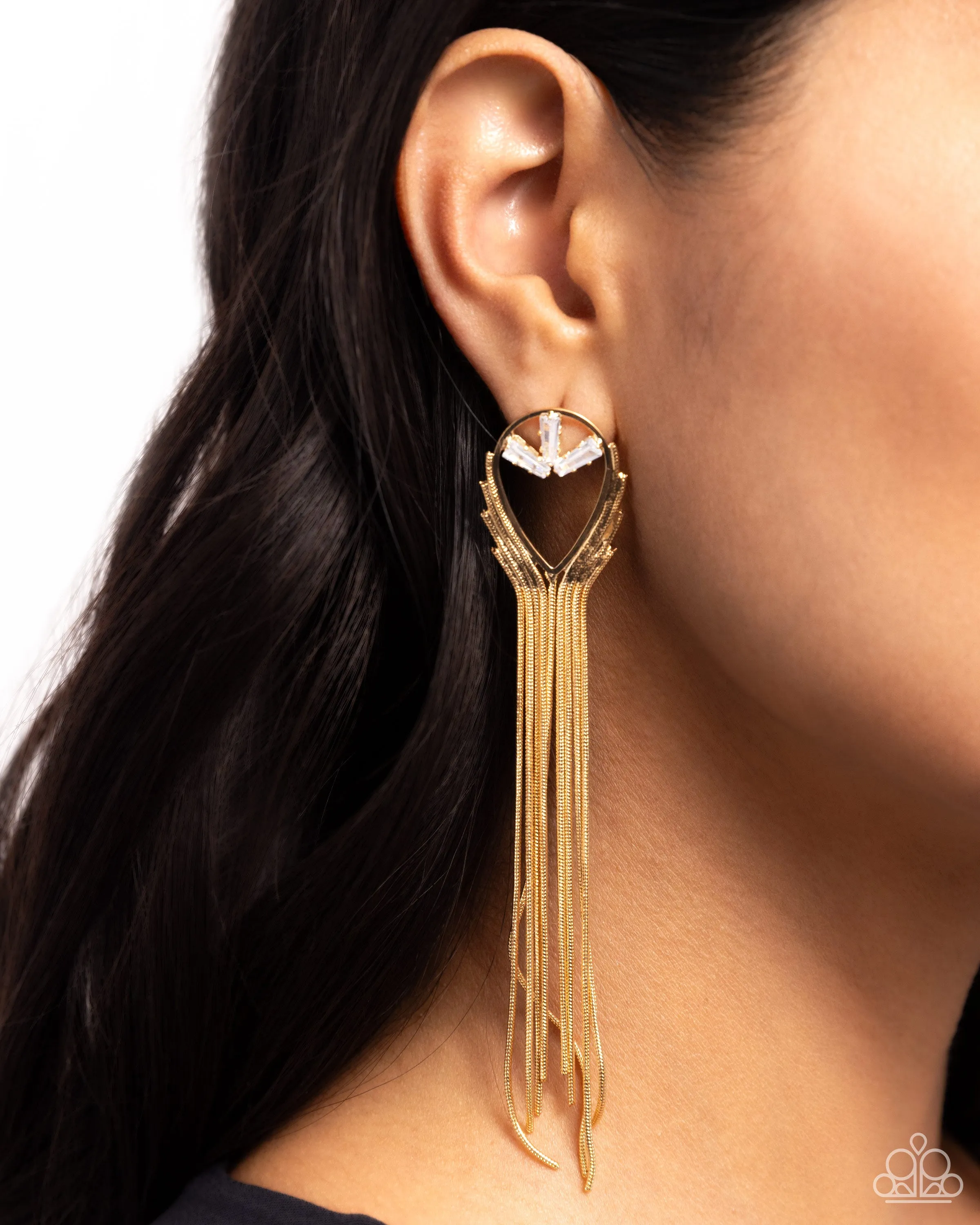 Elongated Effervescence - Gold - White Emerald Cut Gem Chain Tassel Paparazzi Post Earrings