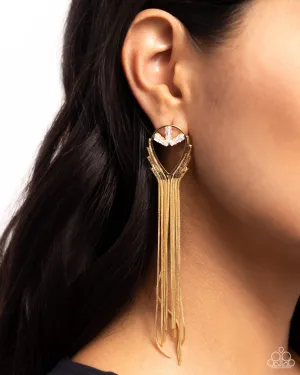 Elongated Effervescence - Gold - White Emerald Cut Gem Chain Tassel Paparazzi Post Earrings