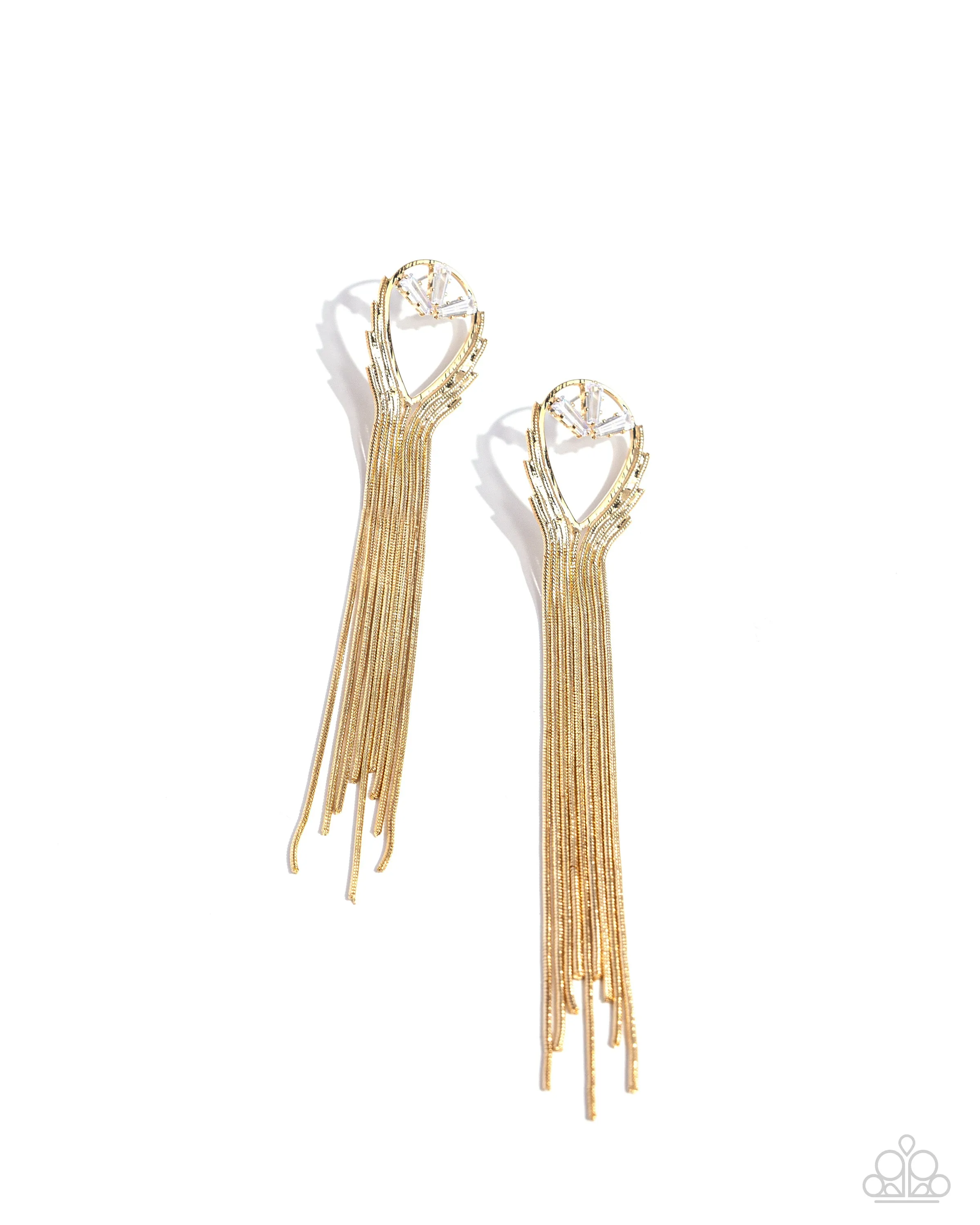 Elongated Effervescence - Gold - White Emerald Cut Gem Chain Tassel Paparazzi Post Earrings