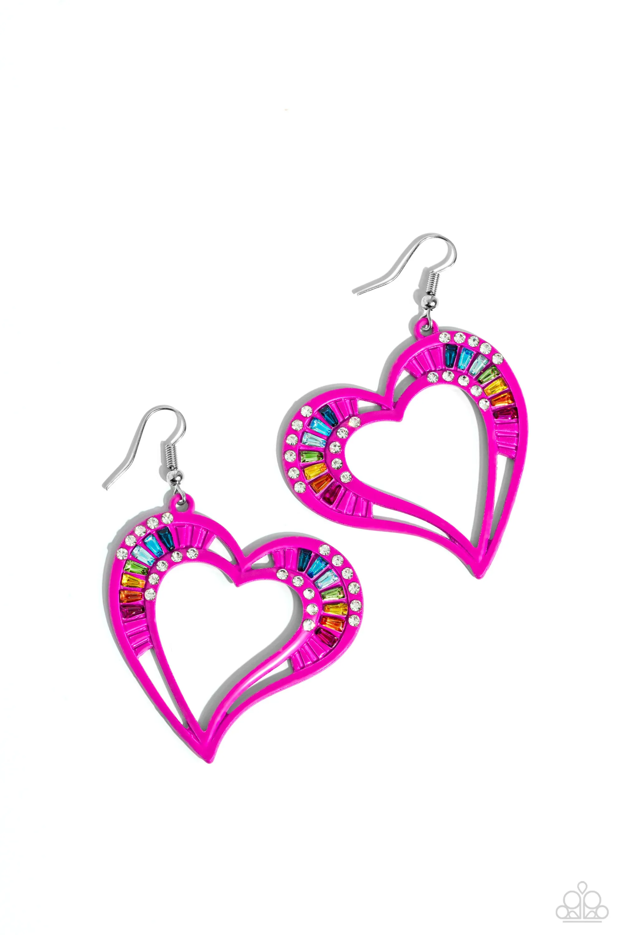Embellished Emeralds - Pink - Painted Heart Rainbow Gem Paparazzi Fishhook Earrings