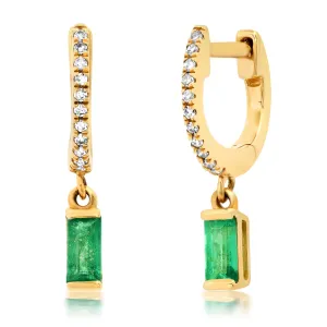 EMERALD AND DIAMOND DANGLE HUGGIES, 14KT GOLD