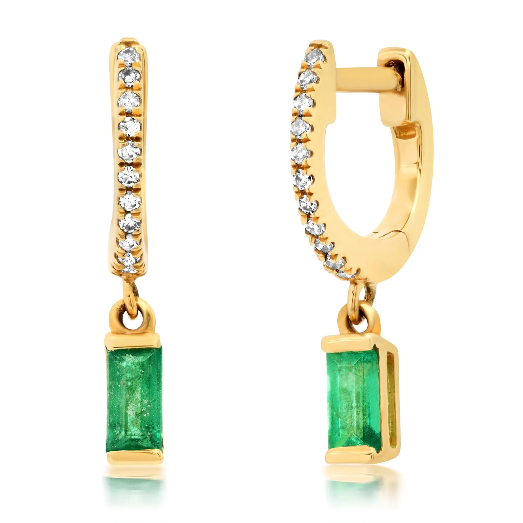 EMERALD AND DIAMOND DANGLE HUGGIES, 14KT GOLD