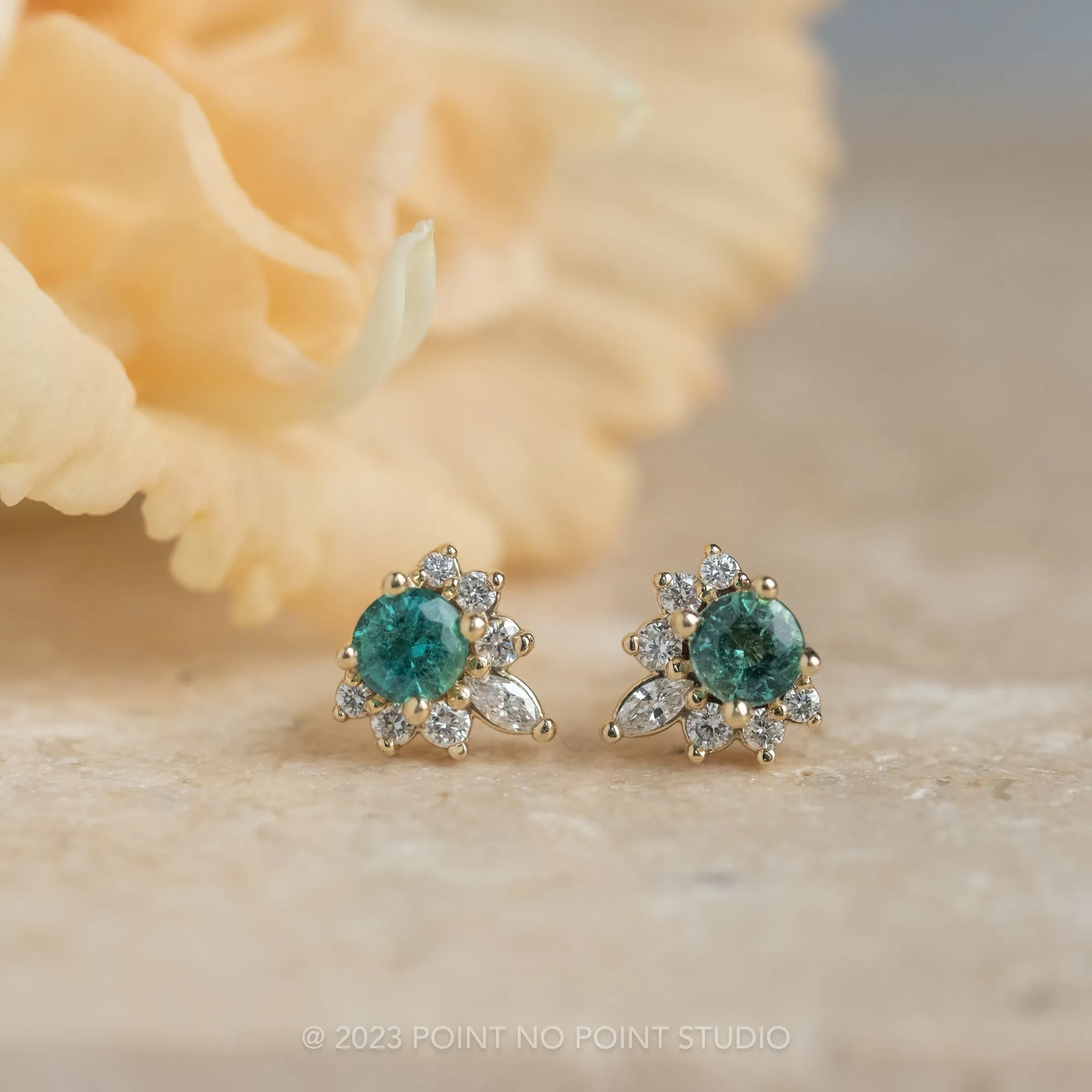 Emerald and Diamond Half-Halo Studs, 14k Yellow Gold Earrings