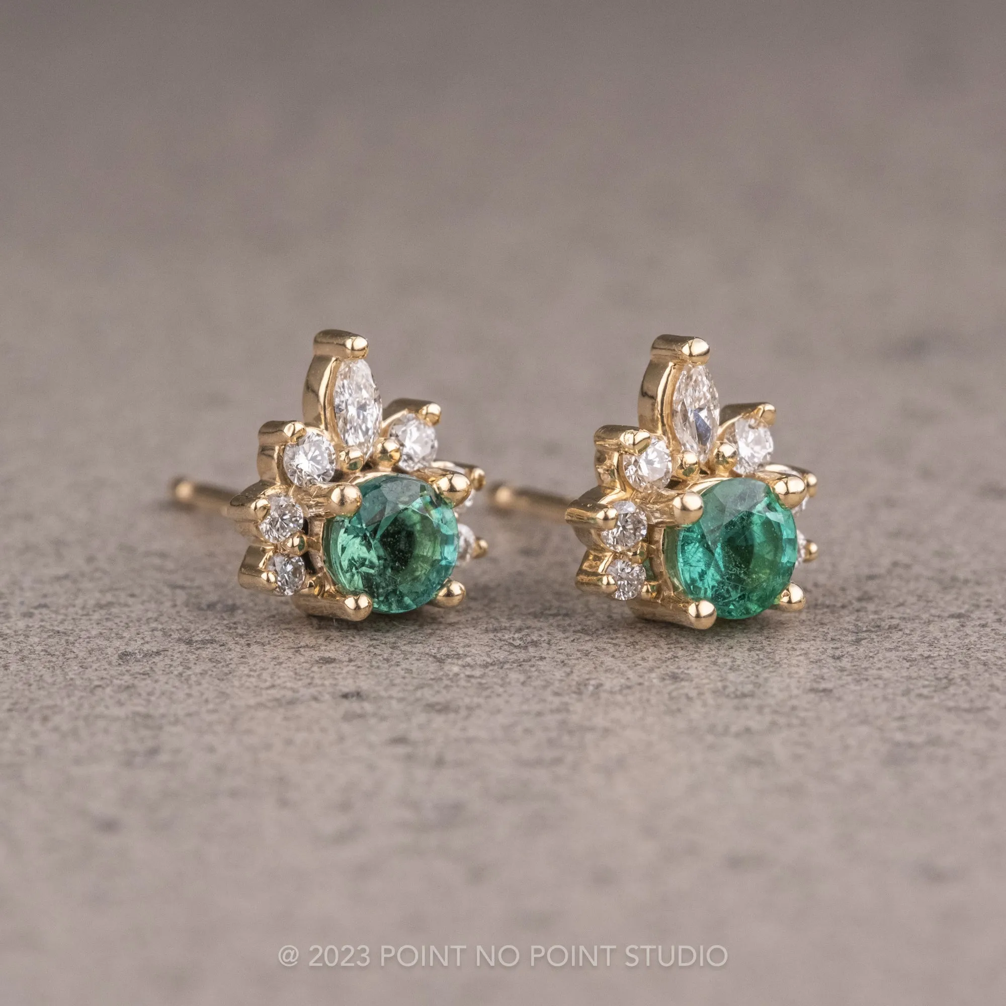 Emerald and Diamond Half-Halo Studs, 14k Yellow Gold Earrings