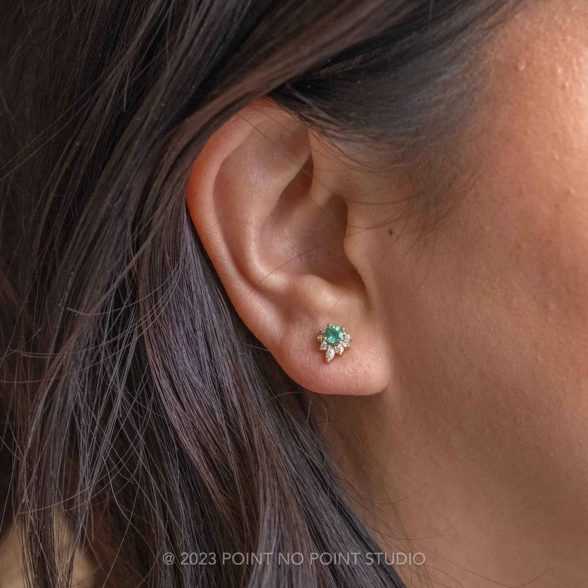 Emerald and Diamond Half-Halo Studs, 14k Yellow Gold Earrings