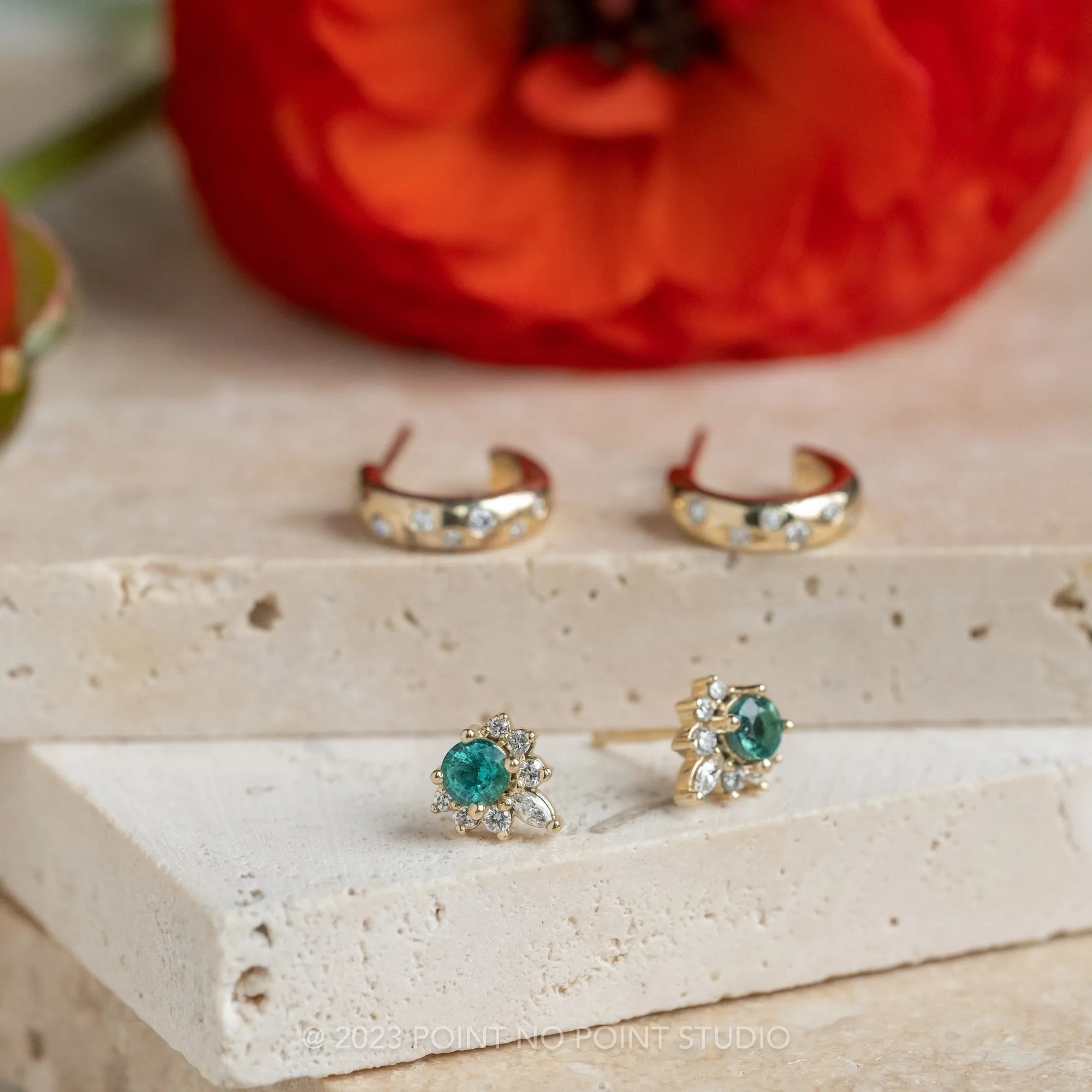 Emerald and Diamond Half-Halo Studs, 14k Yellow Gold Earrings