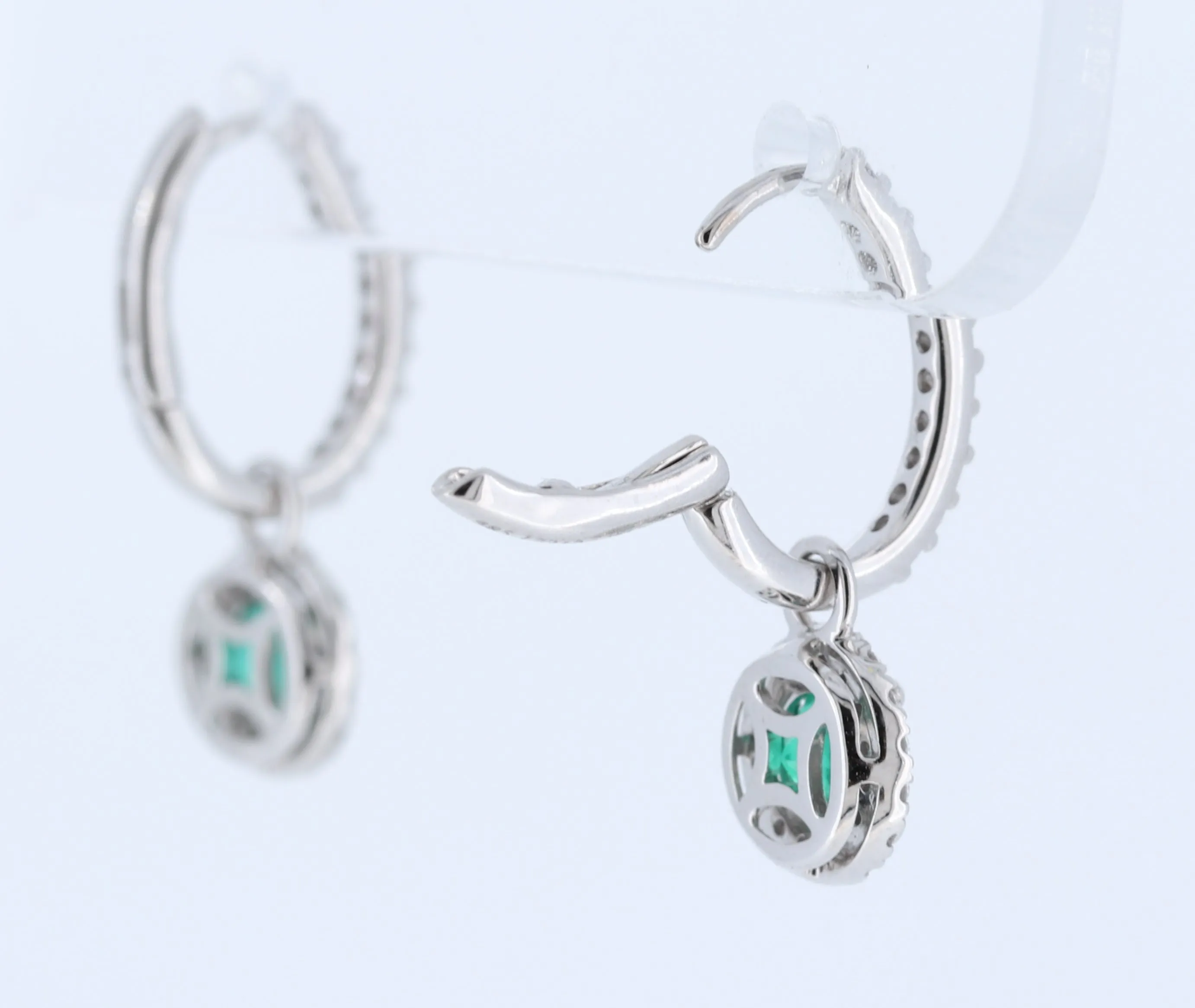 Emerald And Diamond Halo Drop Earrings With Detachable Backs In 14Kt White Gold