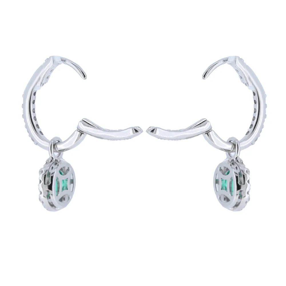 Emerald And Diamond Halo Drop Earrings With Detachable Backs In 14Kt White Gold