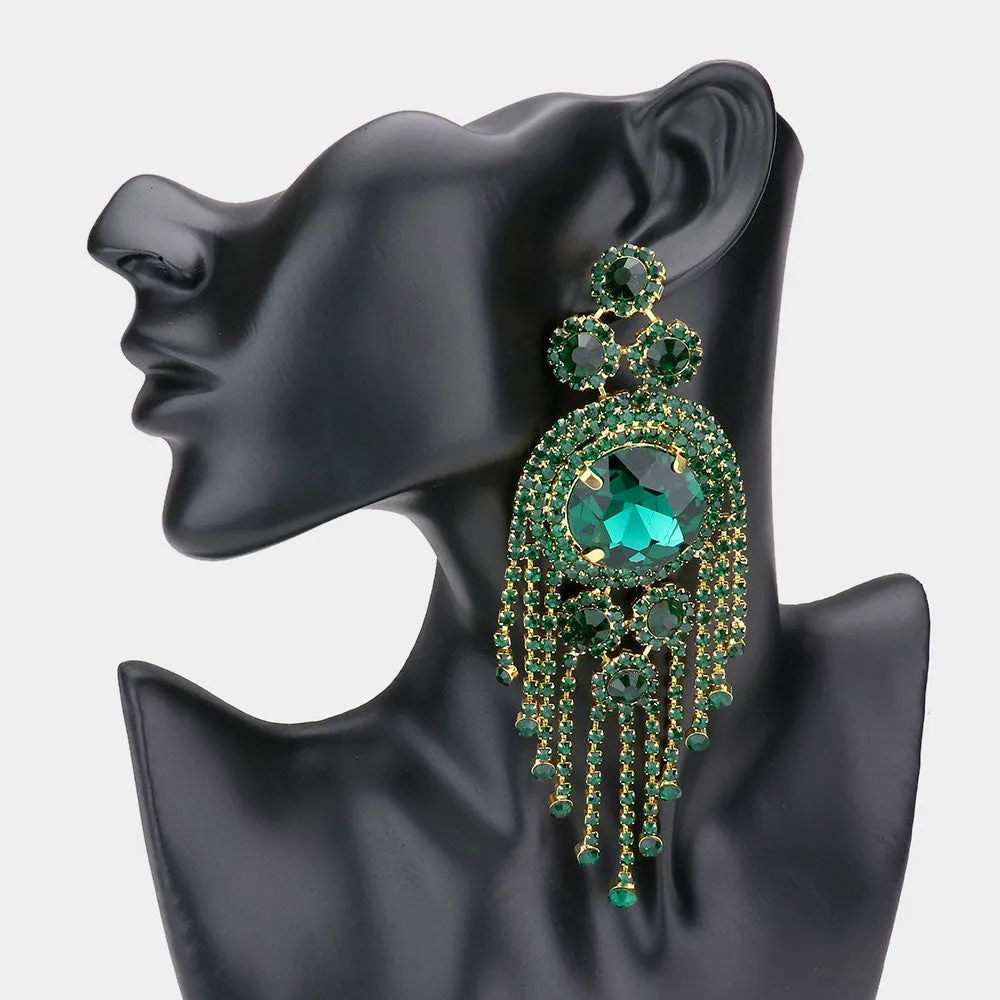 Emerald Crystal Round Stone Accented with Fringe Pageant Earrings | Statement Earrings |  529016