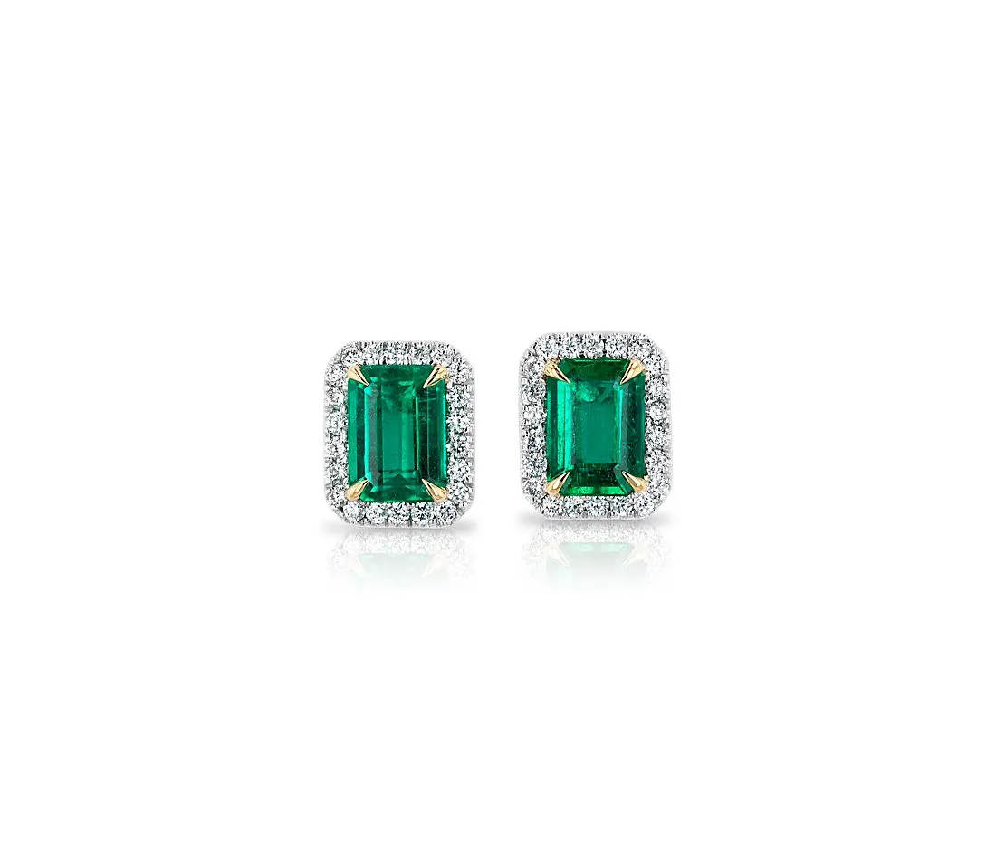 Emerald Cut Emerald Halo Stud Earrings