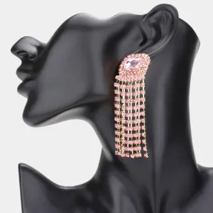 Emerald Cut Light Rose Stone and Rhinestone Fringe Pageant Earrings  | Prom Earrings | 590033