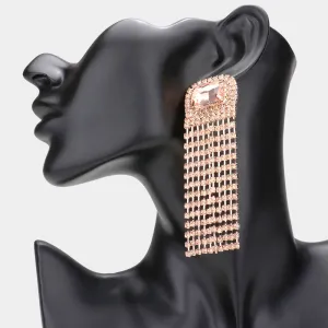 Emerald Cut Peach Stone Accented Rhinestone Fringe Pageant Earrings on Rose Gold | Prom Earrings |  589205