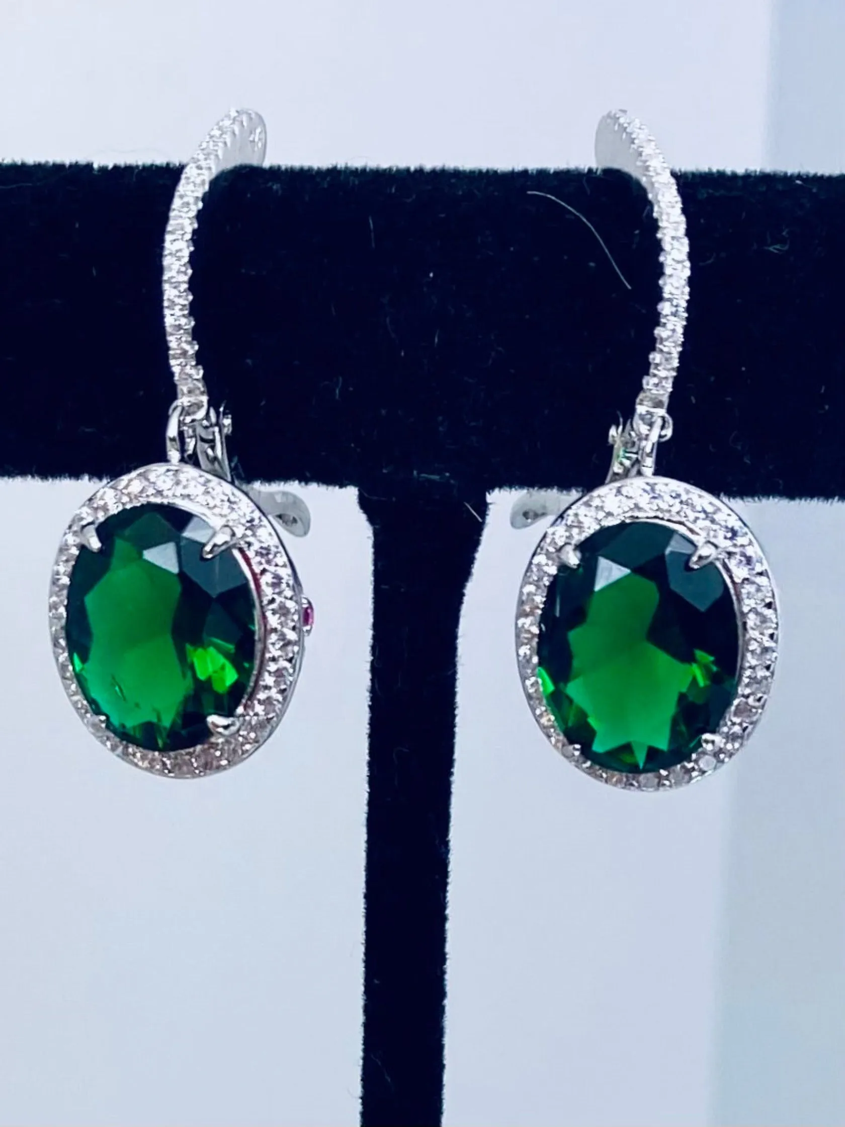 Emerald Earrings, Natural Gems, Oval Halo Earrings, Art Deco Jewelry #E228