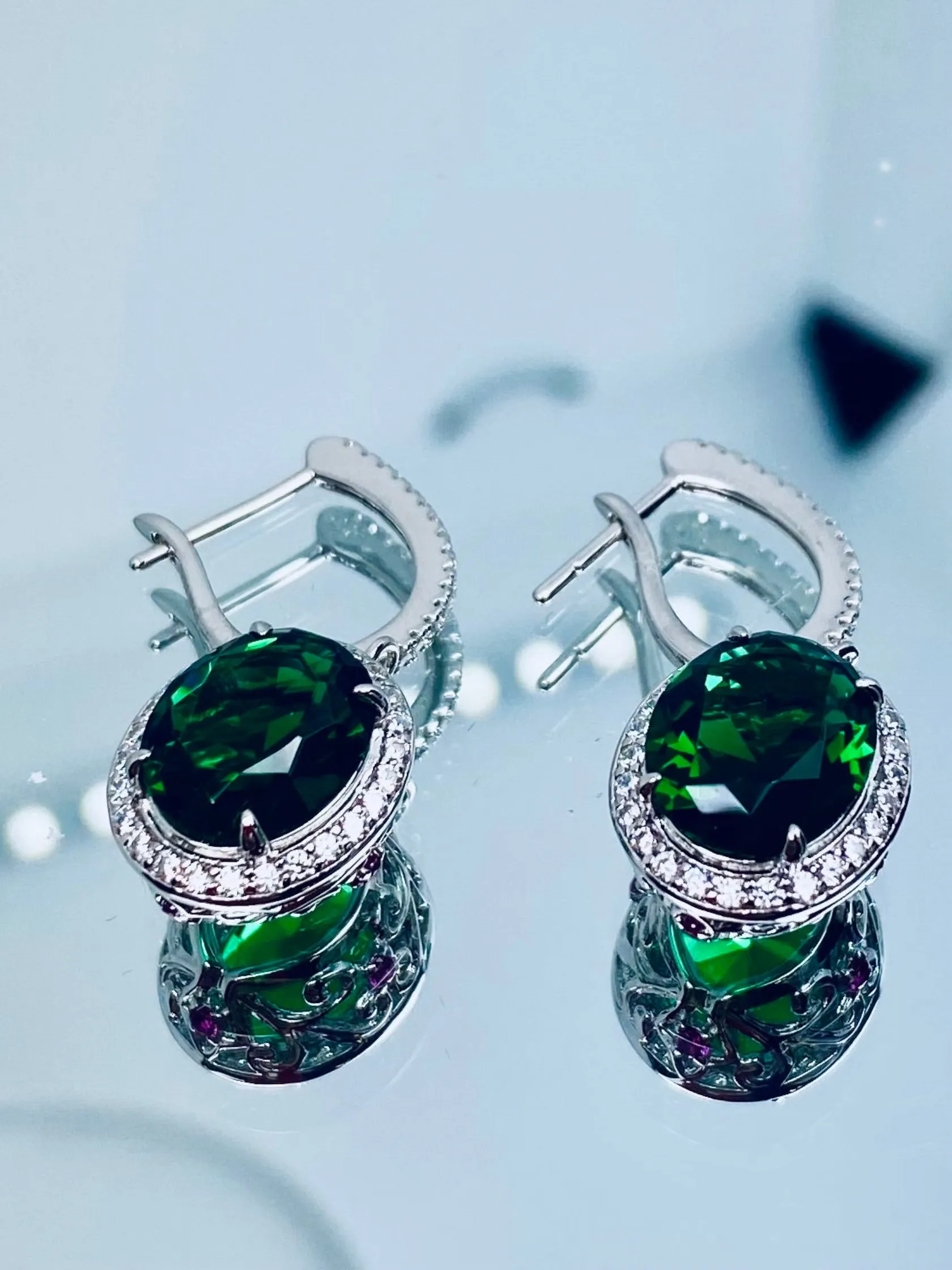 Emerald Earrings, Natural Gems, Oval Halo Earrings, Art Deco Jewelry #E228