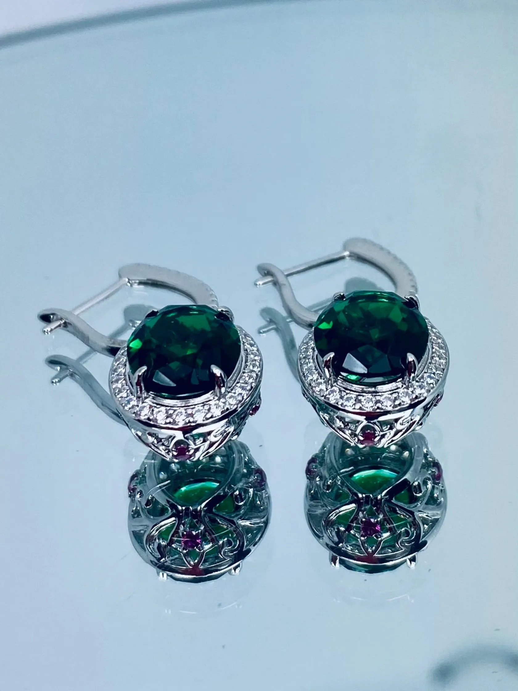 Emerald Earrings, Natural Gems, Oval Halo Earrings, Art Deco Jewelry #E228