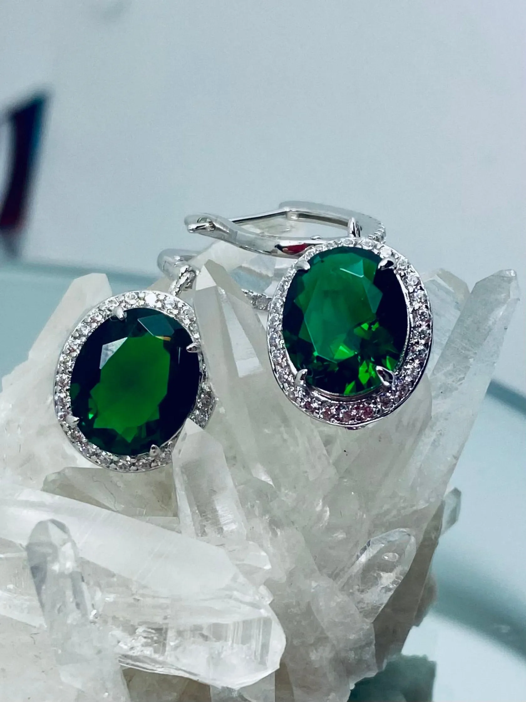 Emerald Earrings, Natural Gems, Oval Halo Earrings, Art Deco Jewelry #E228