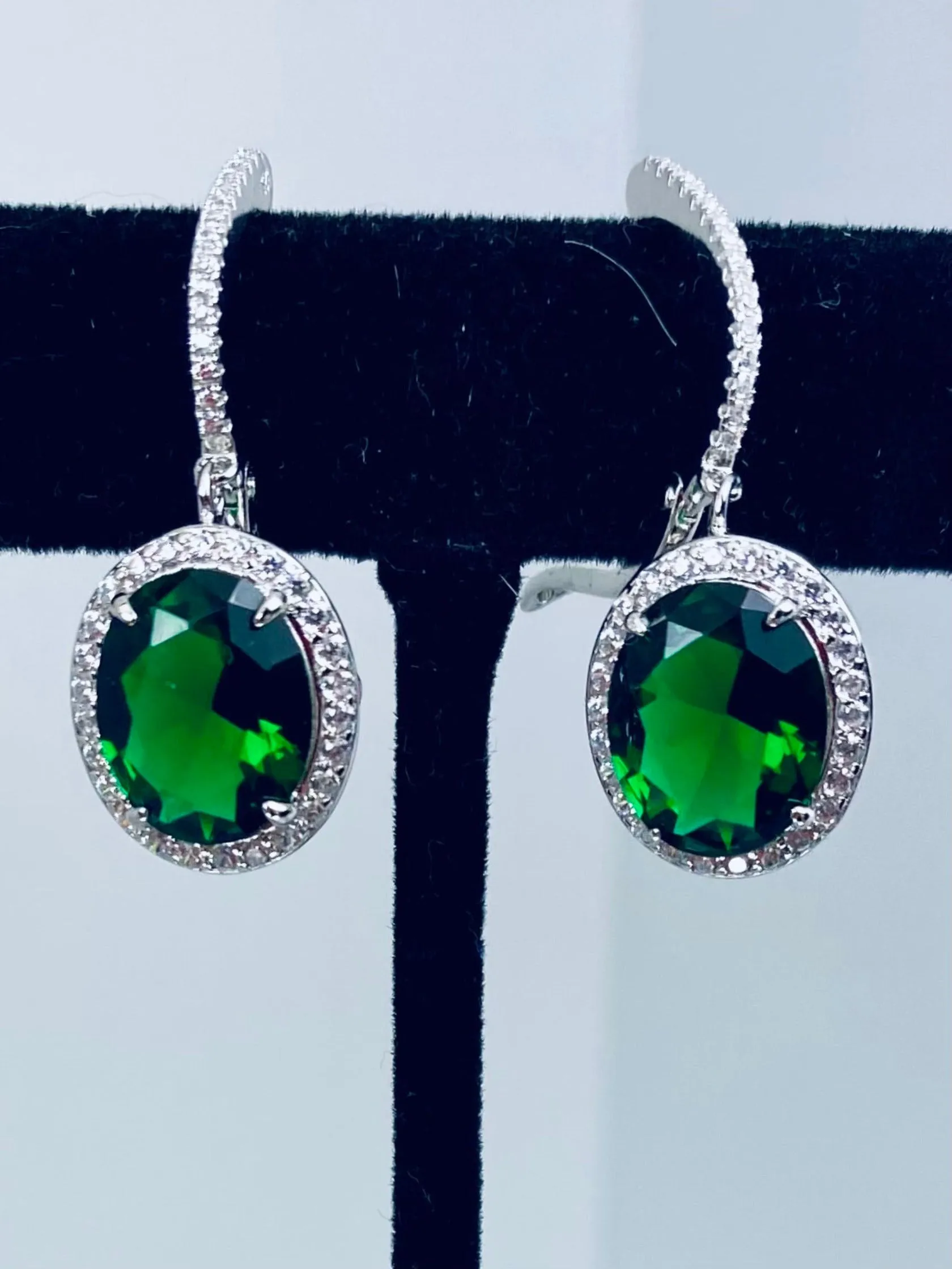 Emerald Earrings, Natural Gems, Oval Halo Earrings, Art Deco Jewelry #E228