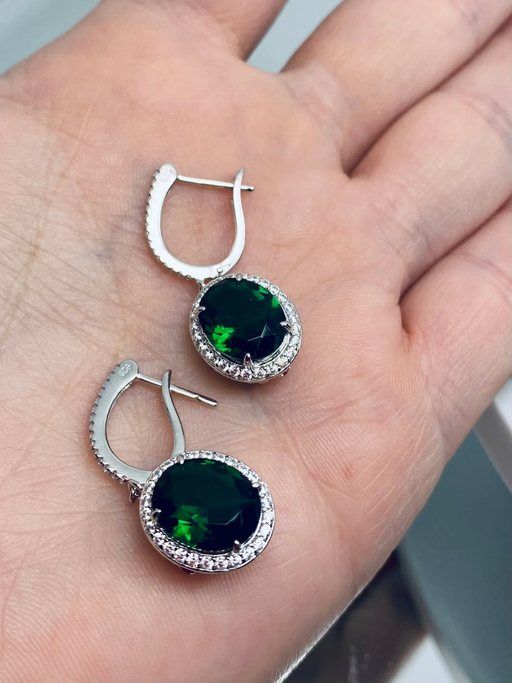 Emerald Earrings, Natural Gems, Oval Halo Earrings, Art Deco Jewelry #E228