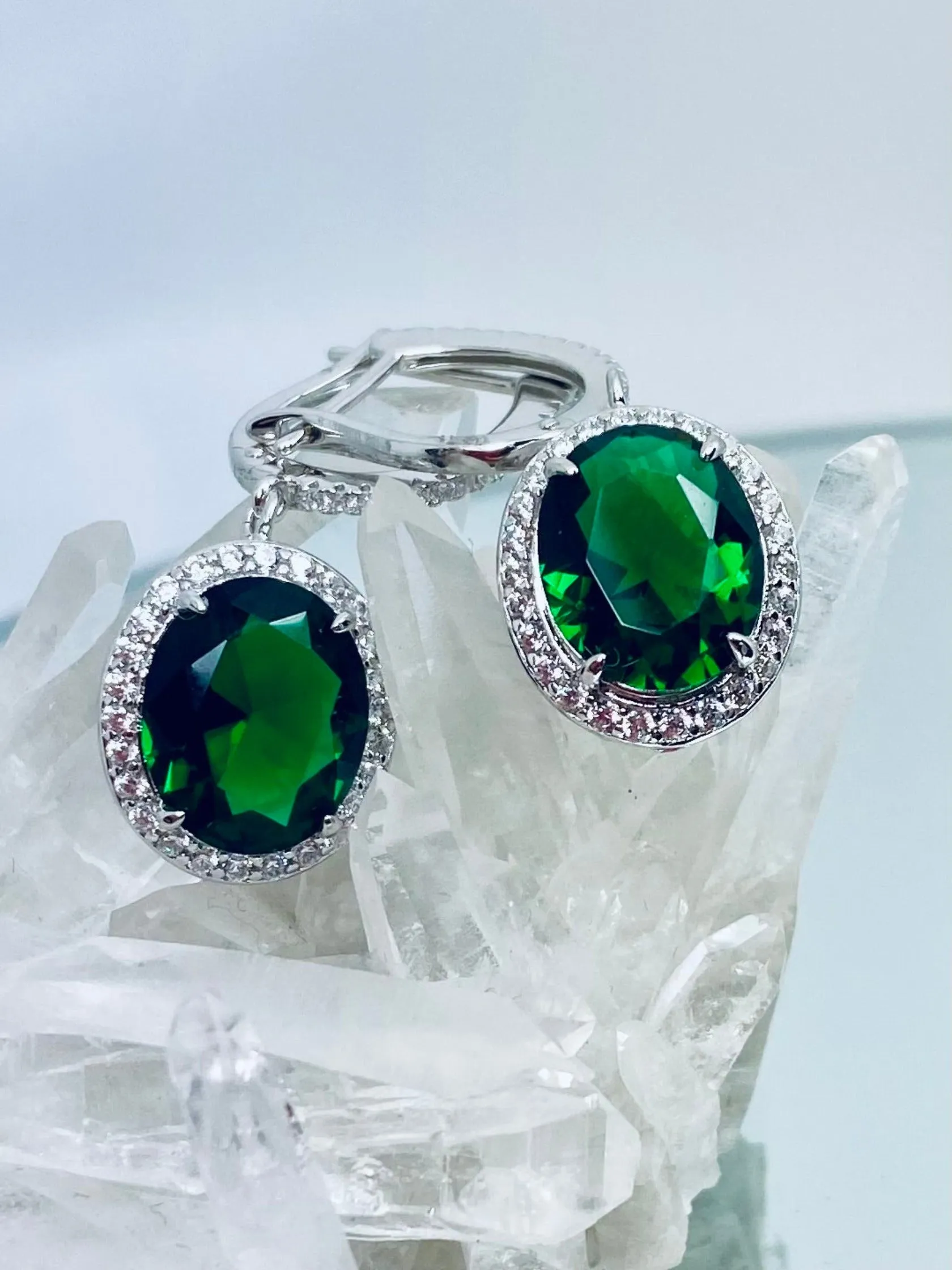 Emerald Earrings, Natural Gems, Oval Halo Earrings, Art Deco Jewelry #E228