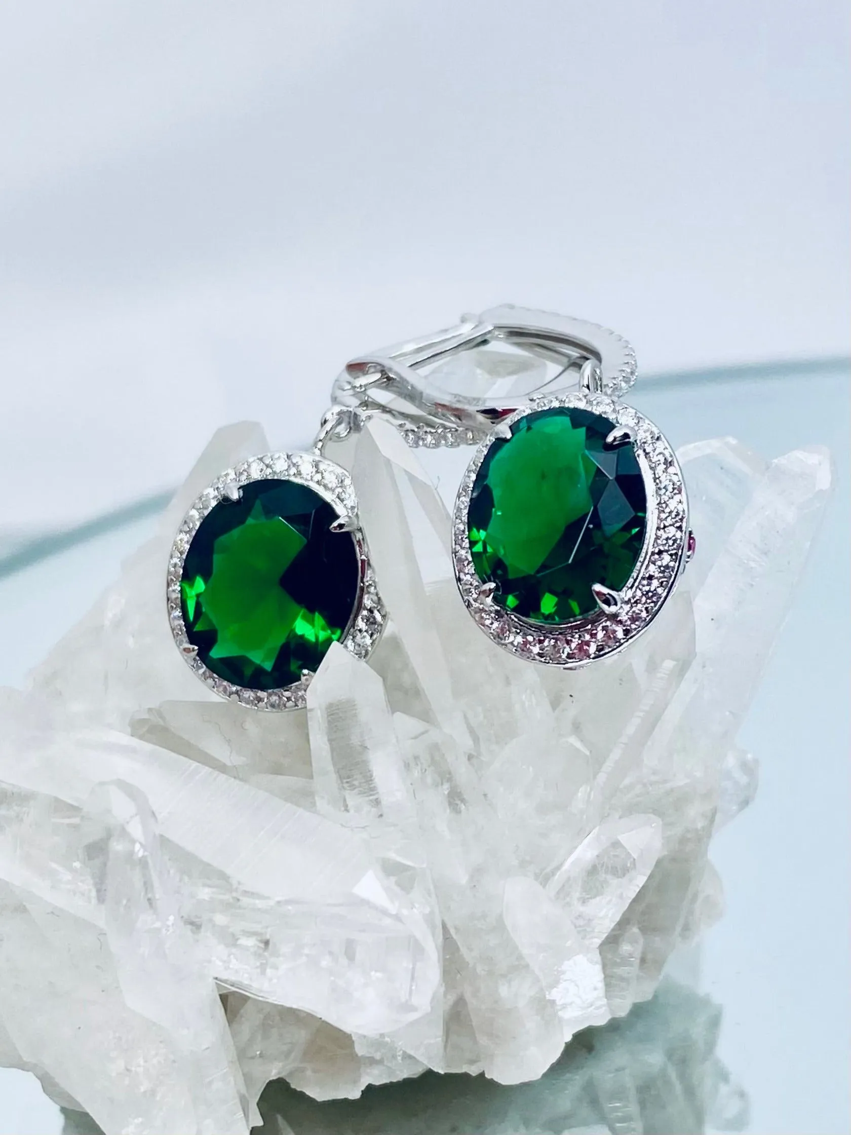 Emerald Earrings, Natural Gems, Oval Halo Earrings, Art Deco Jewelry #E228