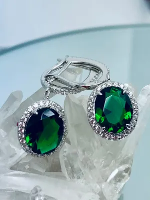 Emerald Earrings, Natural Gems, Oval Halo Earrings, Art Deco Jewelry #E228