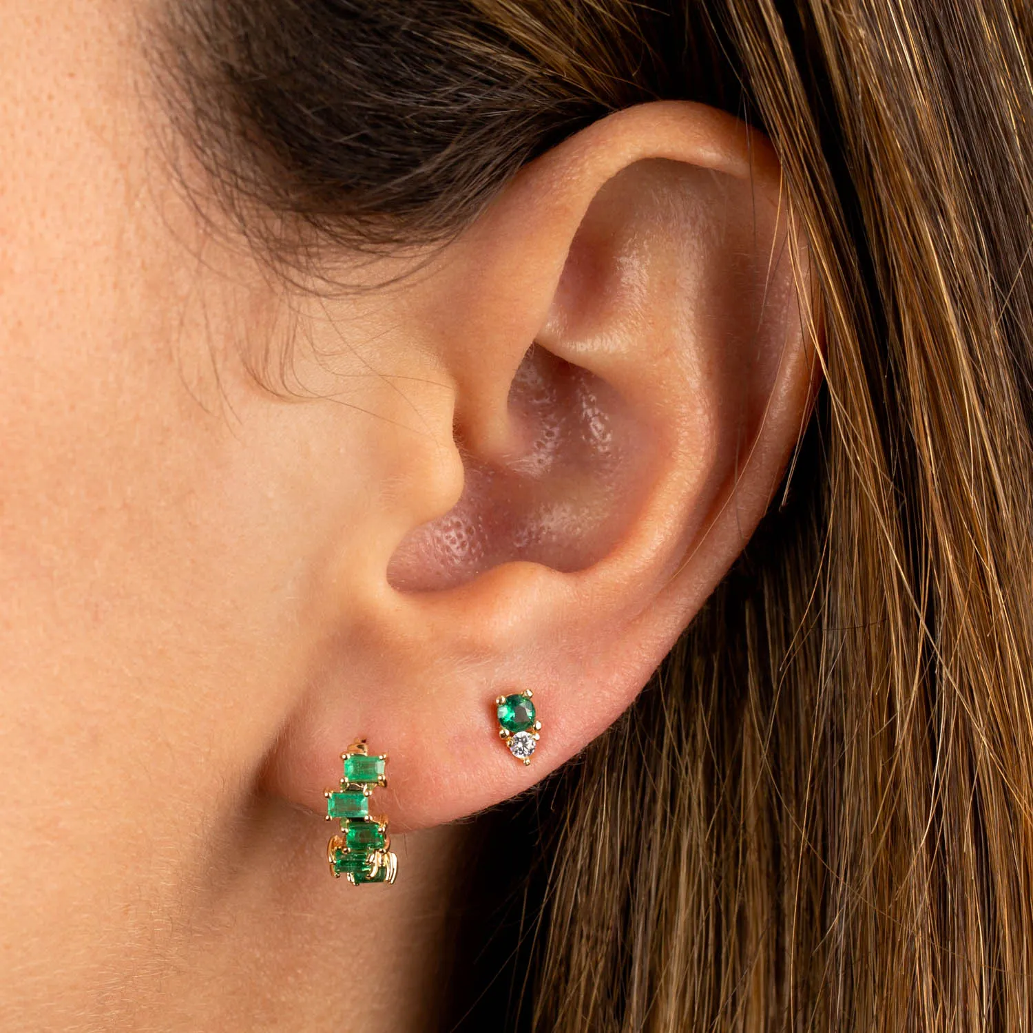 Emerald Scattered Baguette Huggie Earring 14K